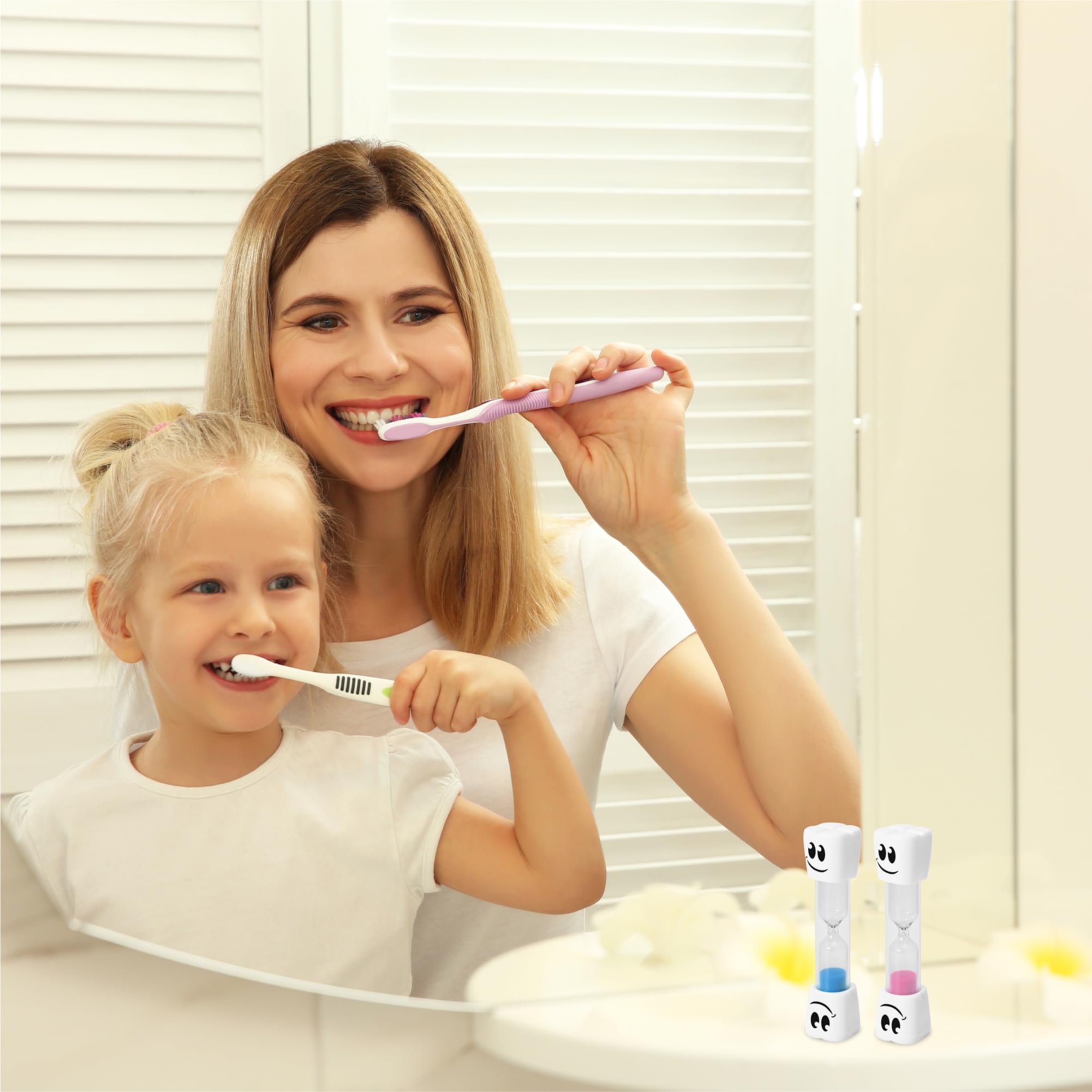 2 Minute Toothbrush Sand Timer for Kids - Set of 2 Small Blue and Pink Smiley Hourglass | Fun Dental Hygiene Timer for Brushing Teeth | Perfect Bathroom Decor & Kids' Oral Care Tool