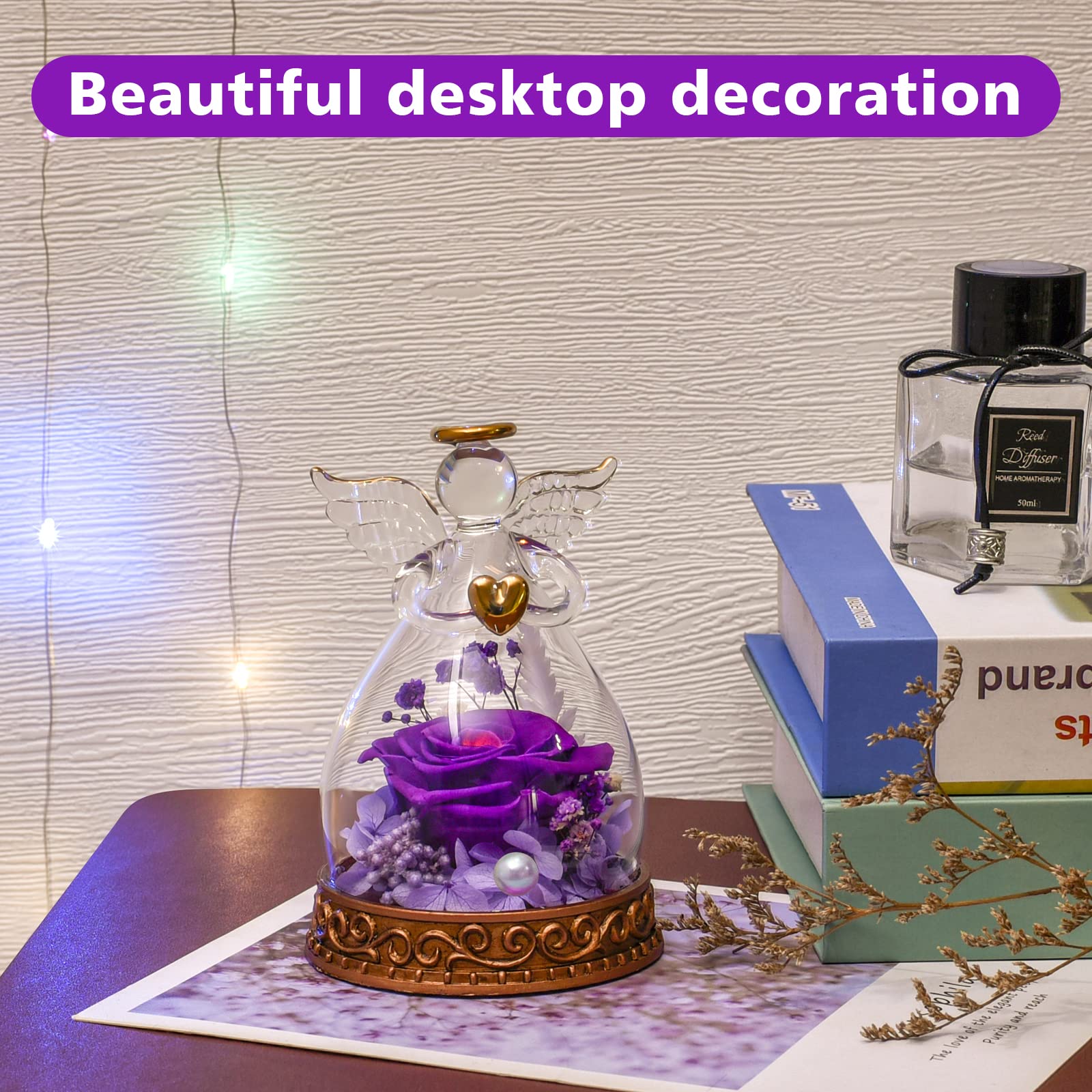 Real Preserved Rose in Glass Angel Figurine with LED Lights - Romantic Gift for Women, Mom, Grandma | Perfect for Mother's Day, Christmas, Birthday, Anniversary & Valentine's Day | Home Decor & Keepsake (Purple)