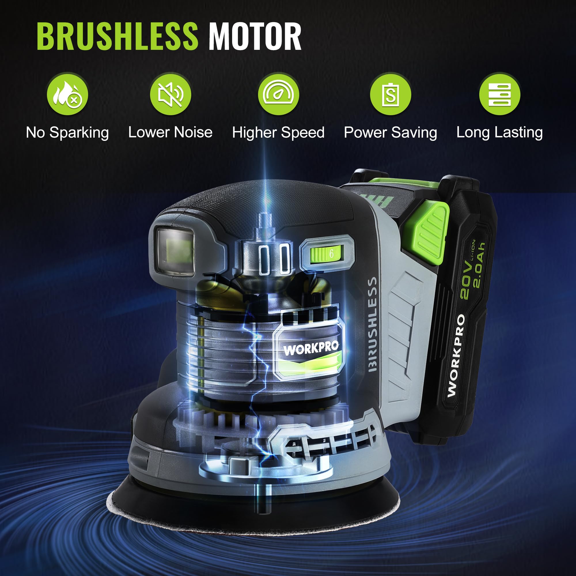 WORKPRO 20V Brushless Cordless Random Orbital Sander - 5 Inch Electric Sander with 6 Variable Speeds (6000-12000 OPM) for Woodworking, Includes Battery, Charger, Dust Collector, Tool Bag & 15 Sanding Discs - Perfect for DIY Projects, Furniture Refinishing & Home Renovation