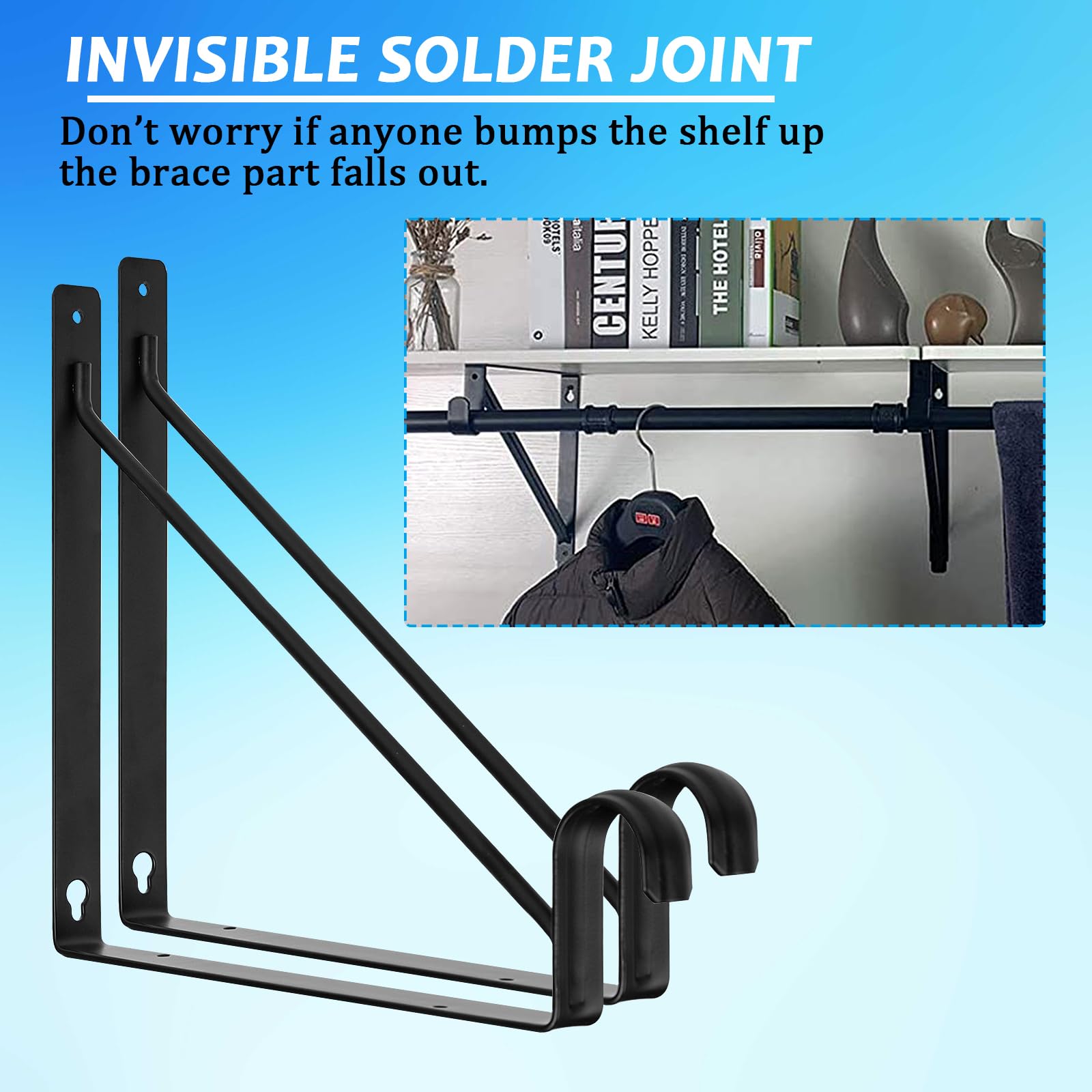 8 Pack Heavy Duty Closet Rod Brackets 11x11 Inch - Black Wall Mounted Shelf & Closet Pole Support Bracket with Screws - Perfect for Home Organization, Wardrobe Storage, and Closet Renovation Projects
