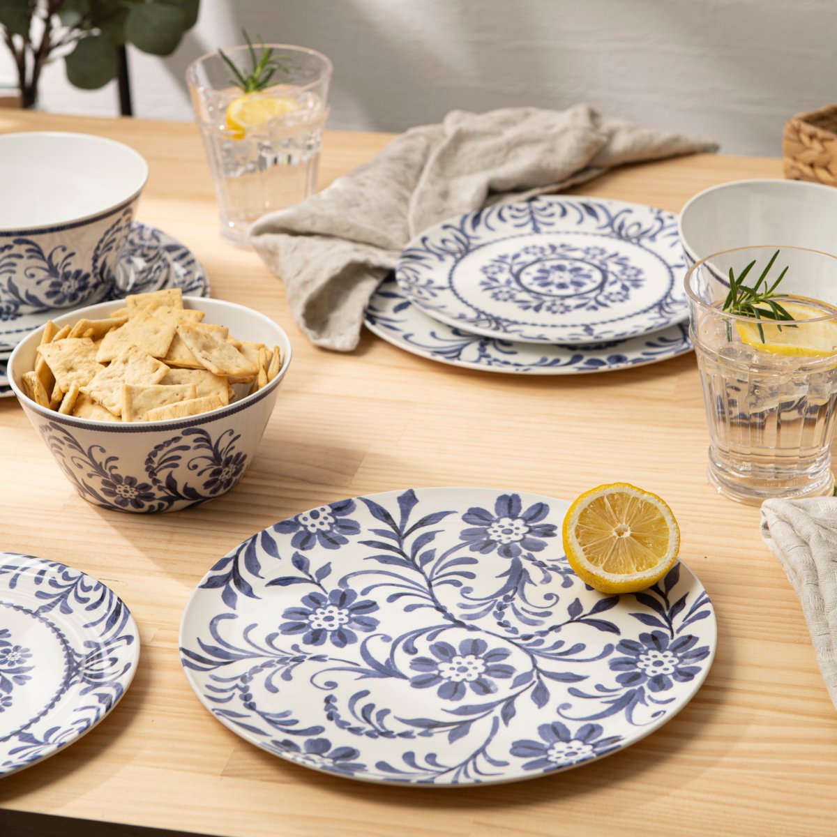 12-Piece Outdoor Dinnerware Set - Indigo Floral Design for Picnics, BBQs, and Garden Parties
