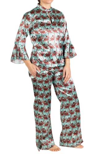Forza Cavallo Women's Luxurious Horse Print Satin Pajama Set with Pockets | Soft Equestrian Sleepwear in 4 Stylish Patterns | Sustainable Comfort Pajamas for Lounge, Sleep & Relaxation (Size L, Happy Arab Design)