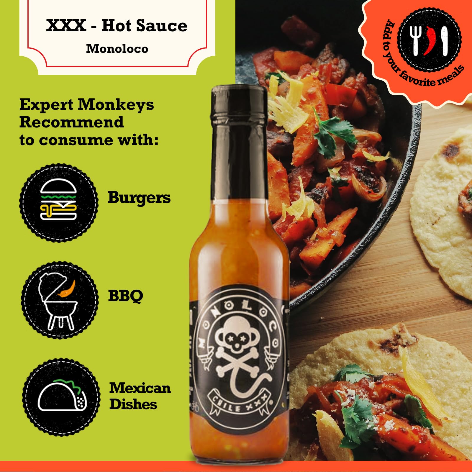 Chile Monoloco - XXX Hot Sauce | 6 Pepper Blend (Scotch Bonnet, Jalapeno, Aji, Rocoto, Cayenne, Ghost Pepper) | Mild Heat | 5oz Glass Bottle | Perfect for Tacos, Wings & Bloody Marys
