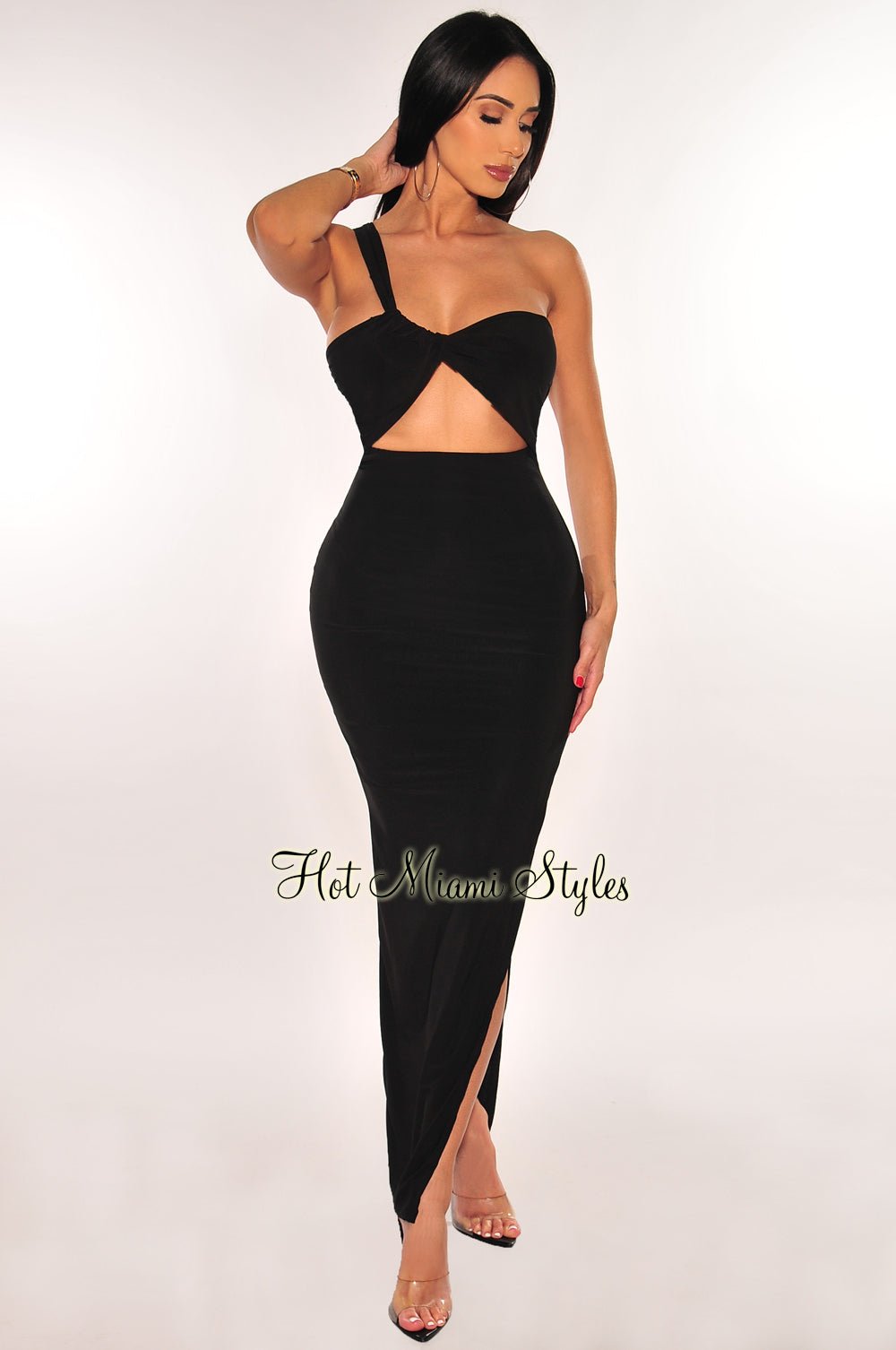 Elegant Black One Shoulder Cut Out Slit Maxi Dress for Women - Perfect for Evening Parties, Weddings & Special Occasions