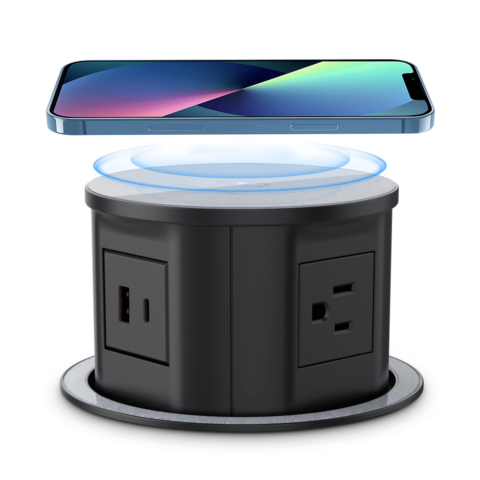 Automatic Pop Up Outlet with 15W Wireless Charger - 4.7 Inch Retractable Recessed Socket, 4 AC Plugs, PD 20W USB-A & USB-C Ports, 6FT Cord for Kitchen Countertop, Conference Table, Garage Workbench (Black) - Perfect for Charging Multiple Devices in Office, Home & Workshop