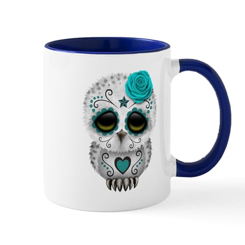 White/Navy Inside - Cute Teal Blue Day Of The Dead Sugar Skull Owl Mug