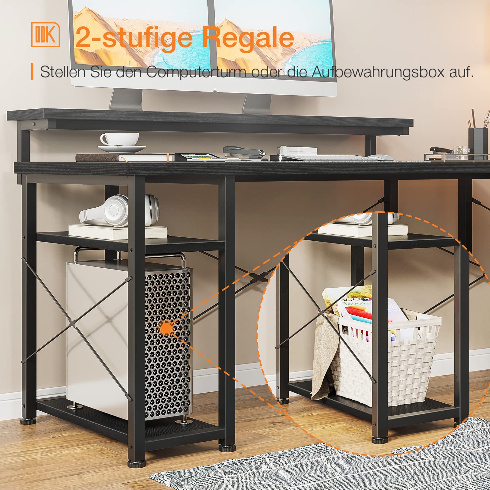 ODK L-Shaped Desk with Shelf, Black 140×137 cm - Long Monitor Support, Home Office & Gaming Desk for Workspace & Study Room