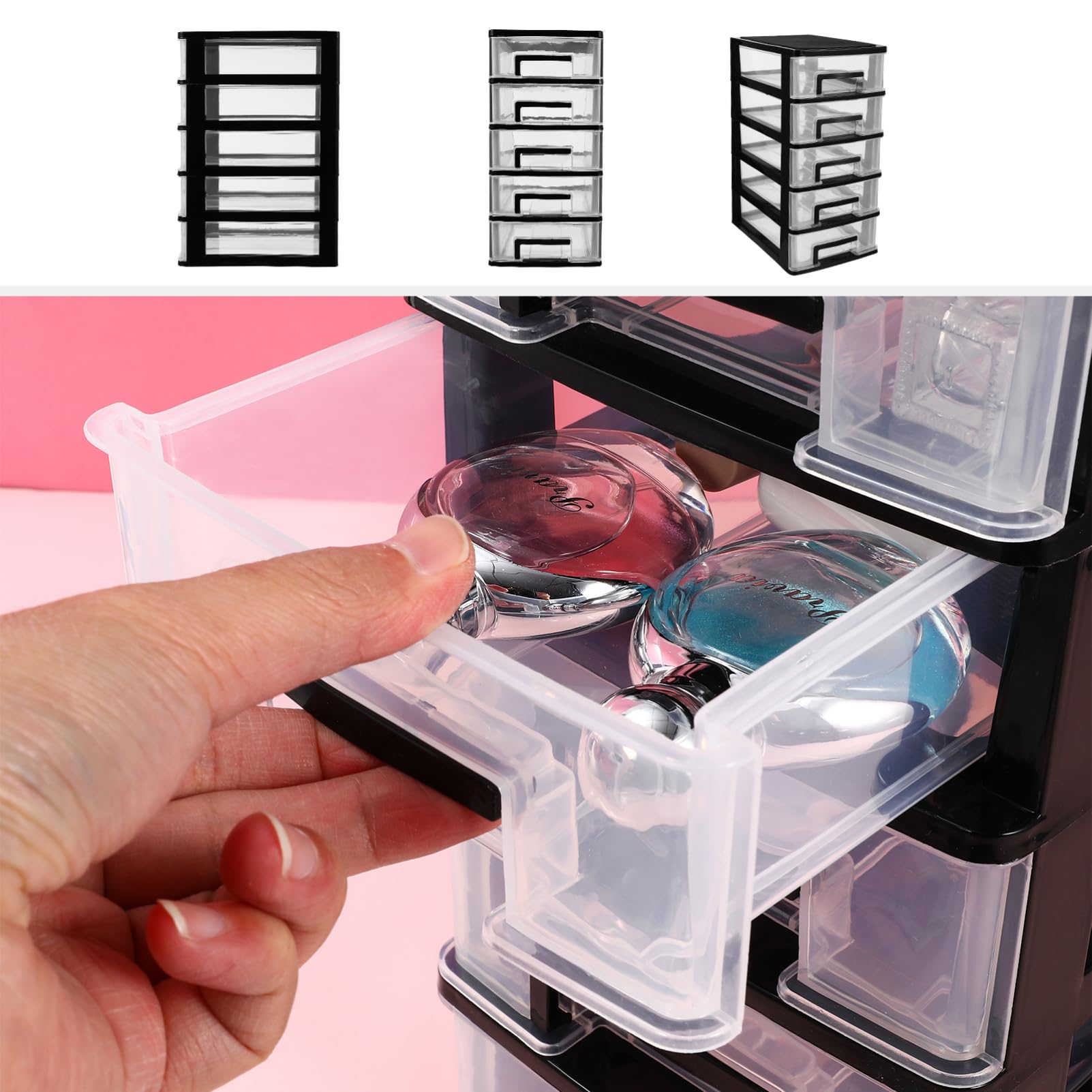 5-Tier Plastic Storage Drawer Cabinet - Portable Transparent Organizer for Closet, Desktop & Home Organization (Black, 5.9x8.3x12.3in) - Perfect for Office Supplies, Crafts, Makeup & Small Item Storage