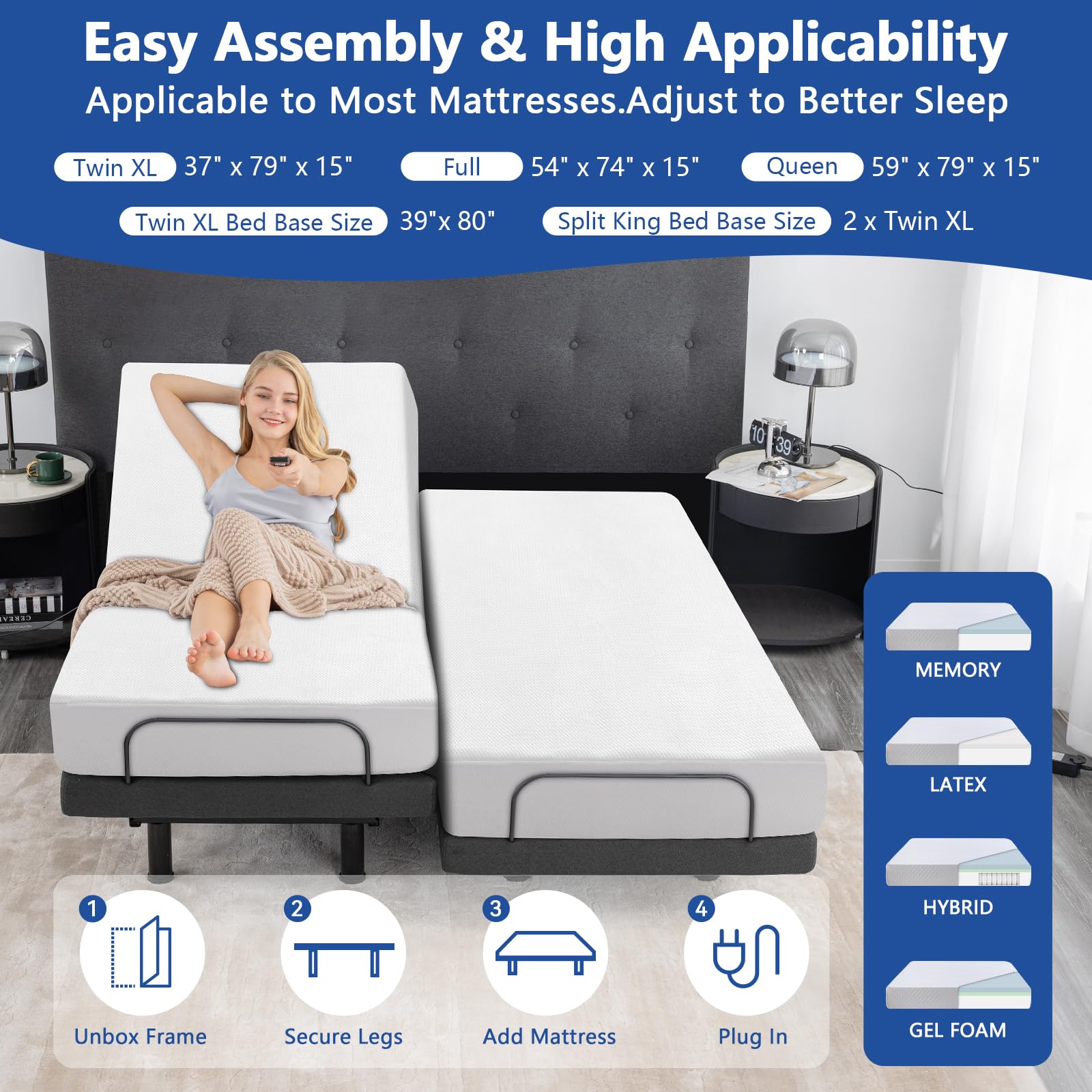 10 Inch Gel Memory Foam Adjustable Bed Base with Mattress - Medium Firm Mattress in a Box, Electric Smart Bed Frame with Thickened Form & Wireless Remote - Perfect for Back Pain Relief, Home Office, and Bedroom Comfort