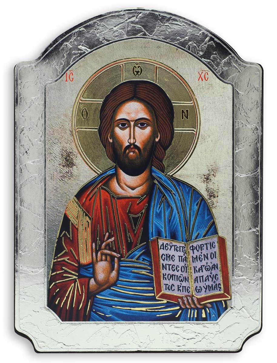 Pantocrator Christ Ruler of All Religious Icon - 5.5 Inch Handcrafted Wooden Wall Art with Silver Foil for Catholic Home Decor, Church Altar & Spiritual Gifts
