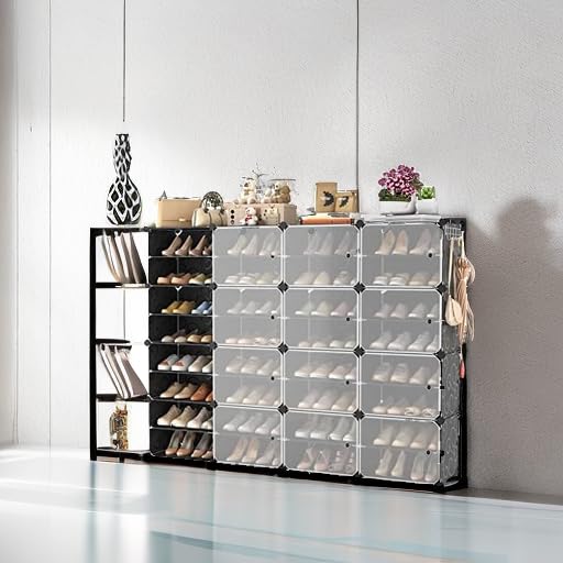 Portable Shoe Storage Cabinet with Door - Holds 64 Pairs of Shoes, Adjustable Plastic Shoe Rack Organizer, Stackable & Expandable 8-Tier Black Shoe Shelf for Easy Assembly - Perfect for Closet, Entryway, Bedroom & Mudroom Organization