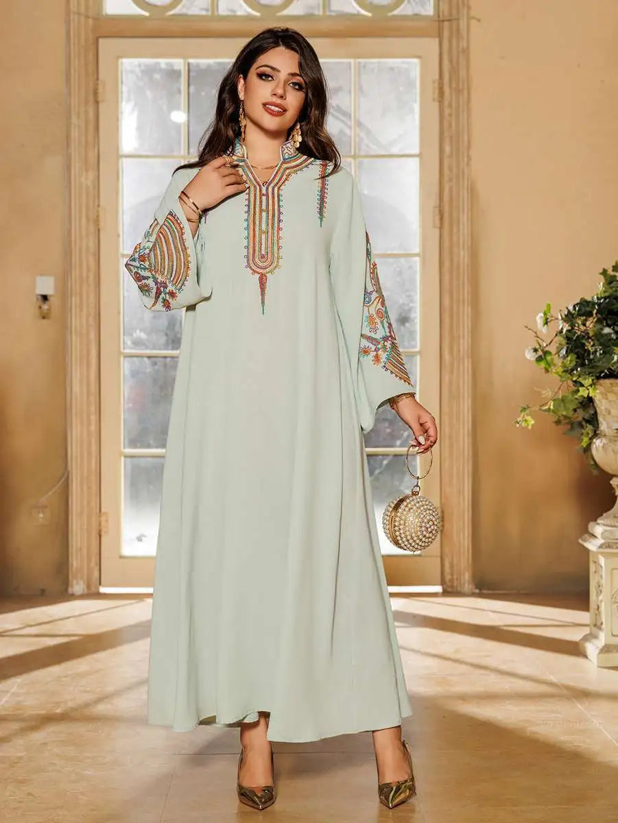 Elegant Eid Rope Embroidery Kaftan Dress for Women - Flowy Muslim Caftan with Intricate Design - Perfect for Eid Celebrations, Weddings & Special Occasions