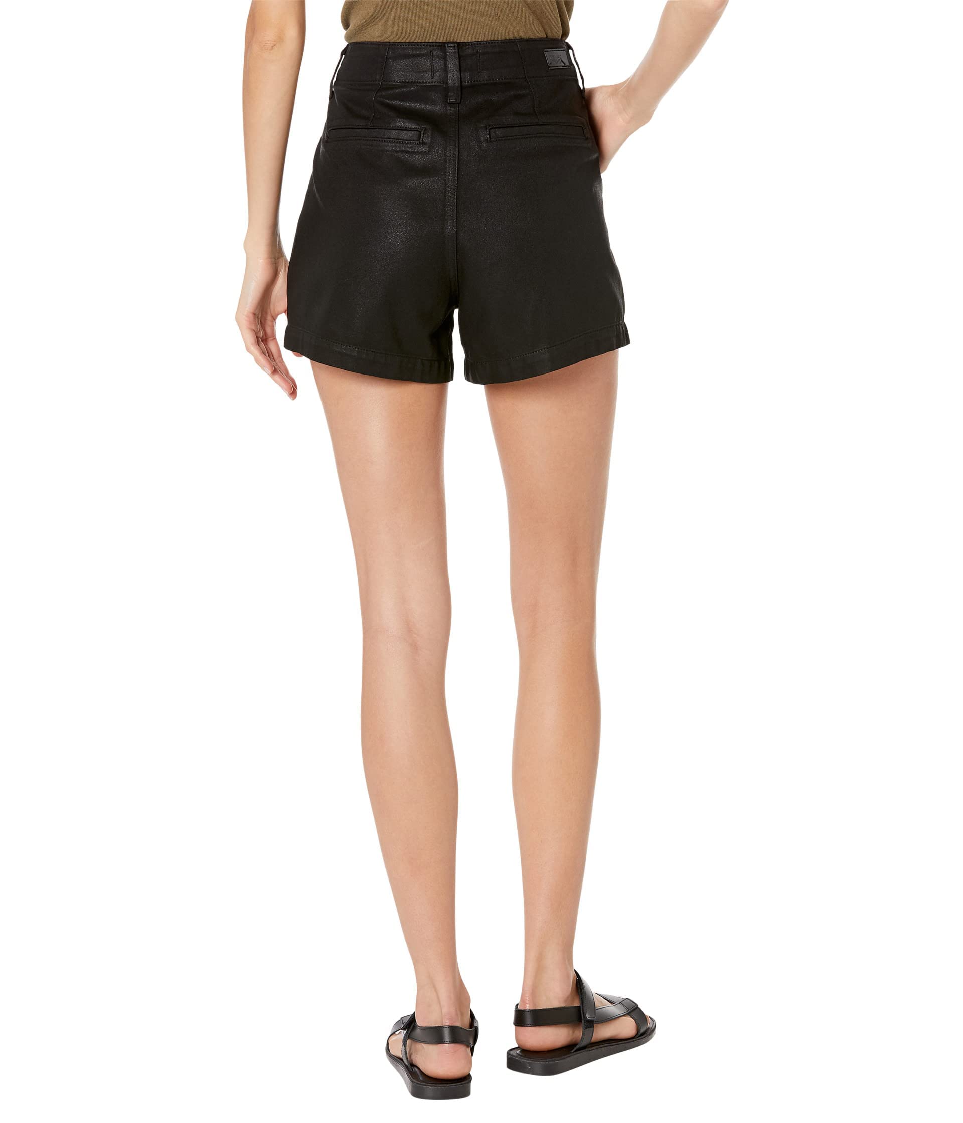 PAIGE Women's Mayslie High-Waisted Pleated Shorts with Exposed Double Buttons - Midnight Oil Coated Denim for Summer Outfits & Casual Wear