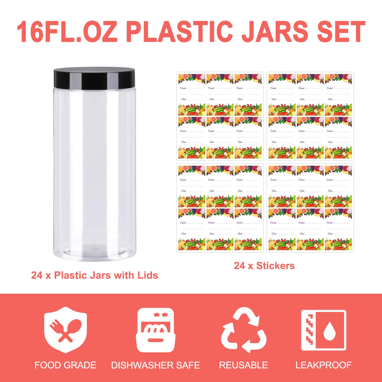 16oz Clear Plastic Jars with Lids (24-Pack) - Airtight Round Food Storage Containers for Nuts, Cookies, Dried Fruits & Small Snacks | Perfect for Pantry Organization, Meal Prep & Bulk Food Storage