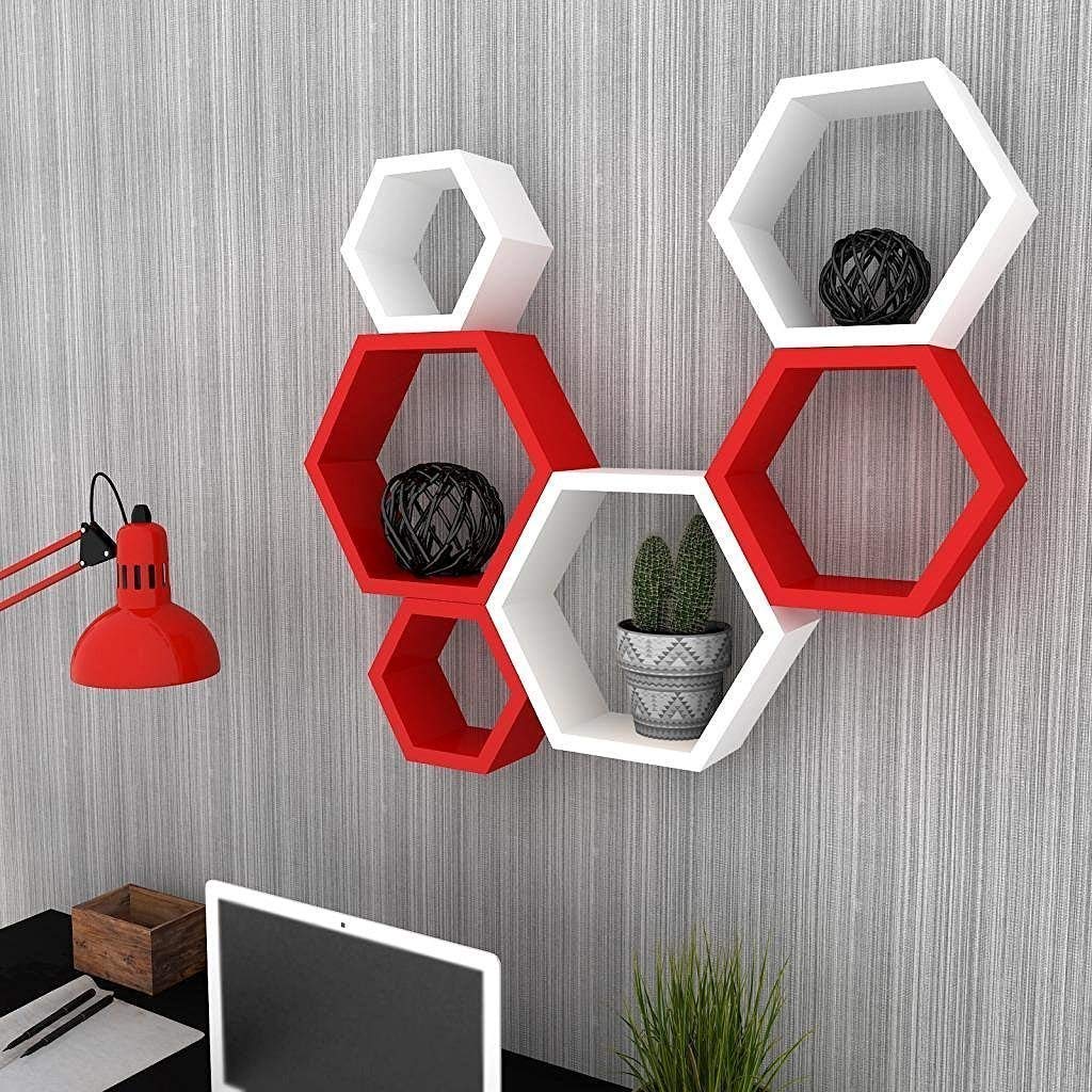Fleurs De Rocaille Hexagon Wooden Wall Shelves Set of 6 - Red & White Floating Shelves for Farmhouse Decor | Perfect for Bathroom, Bedroom, Living Room, Kitchen & Office Organization