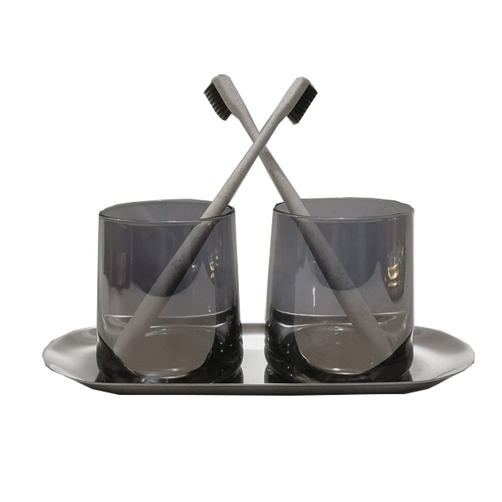 **Glass Toothbrush Holder with Silver Tray - 2 Sets, Modern Bathroom Organizer for Couples, Toothbrush Cup & Drinking Cup, Grey Simple Household Mugs - Perfect for Bathroom Countertop & Vanity Storage**