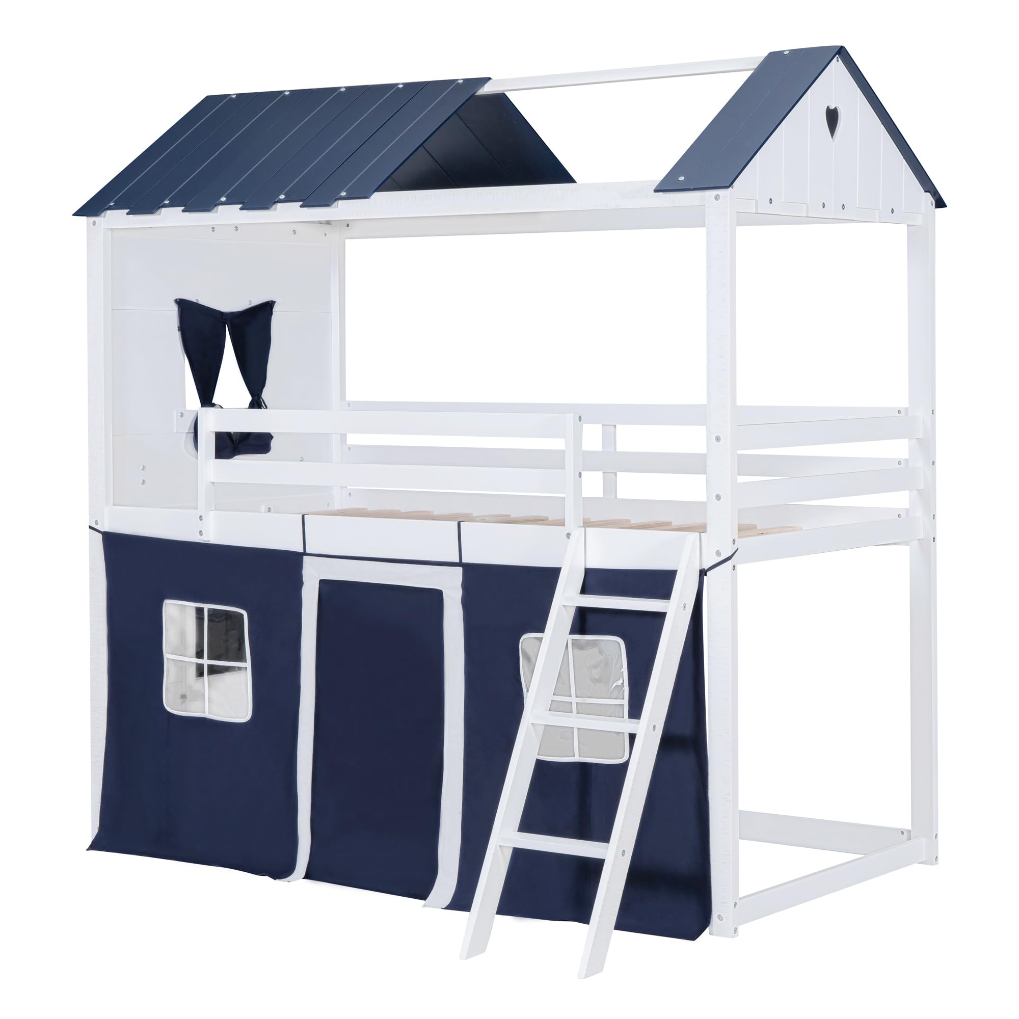 Harper & Bright Designs Twin Over Twin Wooden Bunk Bed with Elegant Windows, Sills & Tent - Blue & White House Bed for Kids' Room, Sleepovers & Space-Saving Bedroom Solutions