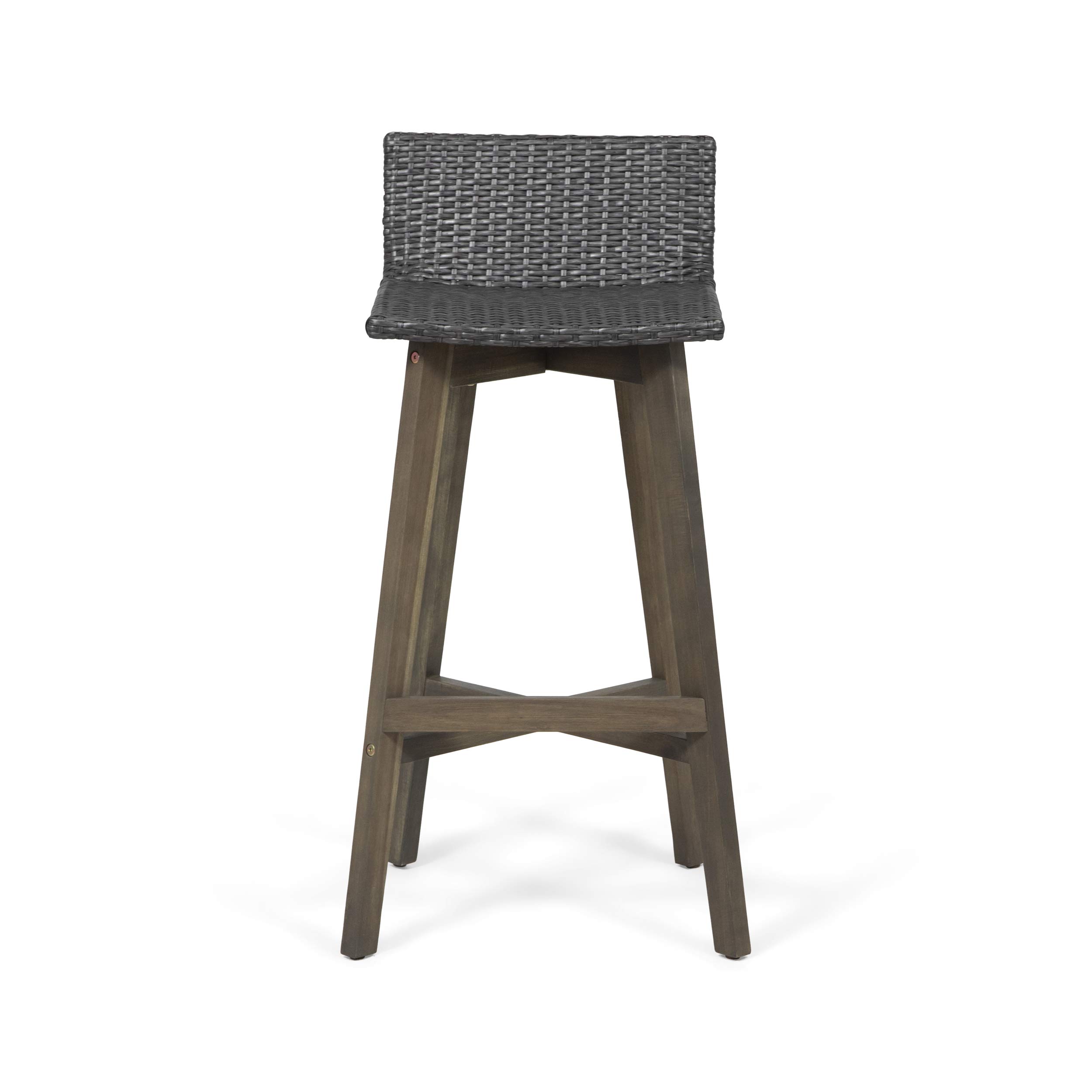 GDFStudio 4-Piece Gray Outdoor Wood & Wicker Bar Stools Set - Weather-Resistant Patio, Poolside & Garden Furniture for Backyard, Deck & Outdoor Dining