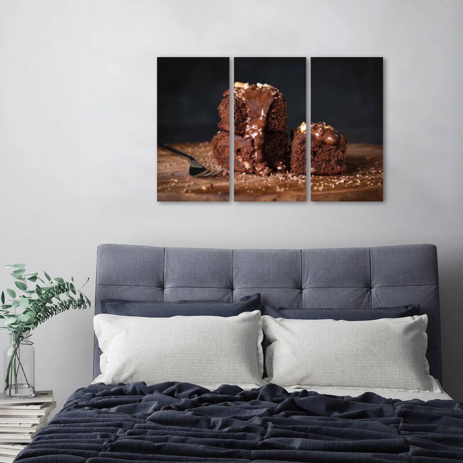 Chocolate Brownies with Walnuts & Glaze Canvas Wall Art - 3 Piece Framed Modern Painting for Living Room & Bedroom Decor | Ready to Hang | Perfect for Kitchen, Dining Room & Cafe Wall Decor