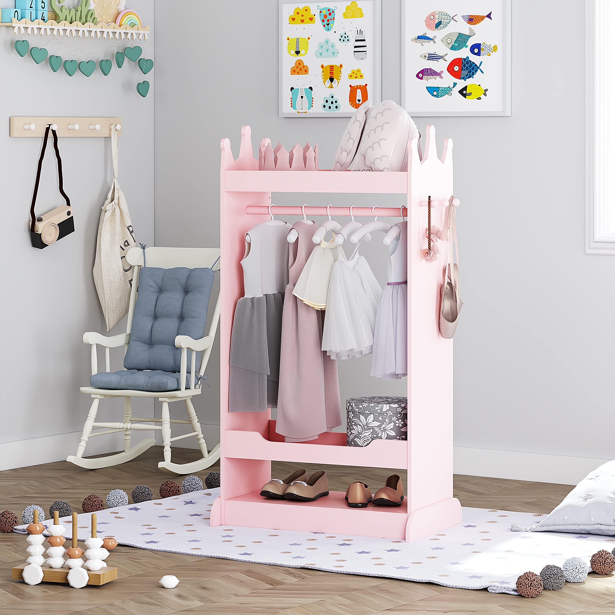 UTEX Kids Dress Up Storage with Mirror - Pink Costume Wardrobe & Hanging Armoire Closet for Girls | Pretend Play Storage Organizer for Dress-Up Clothes, Accessories & Toys | Perfect for Bedroom, Playroom & Nursery Organization