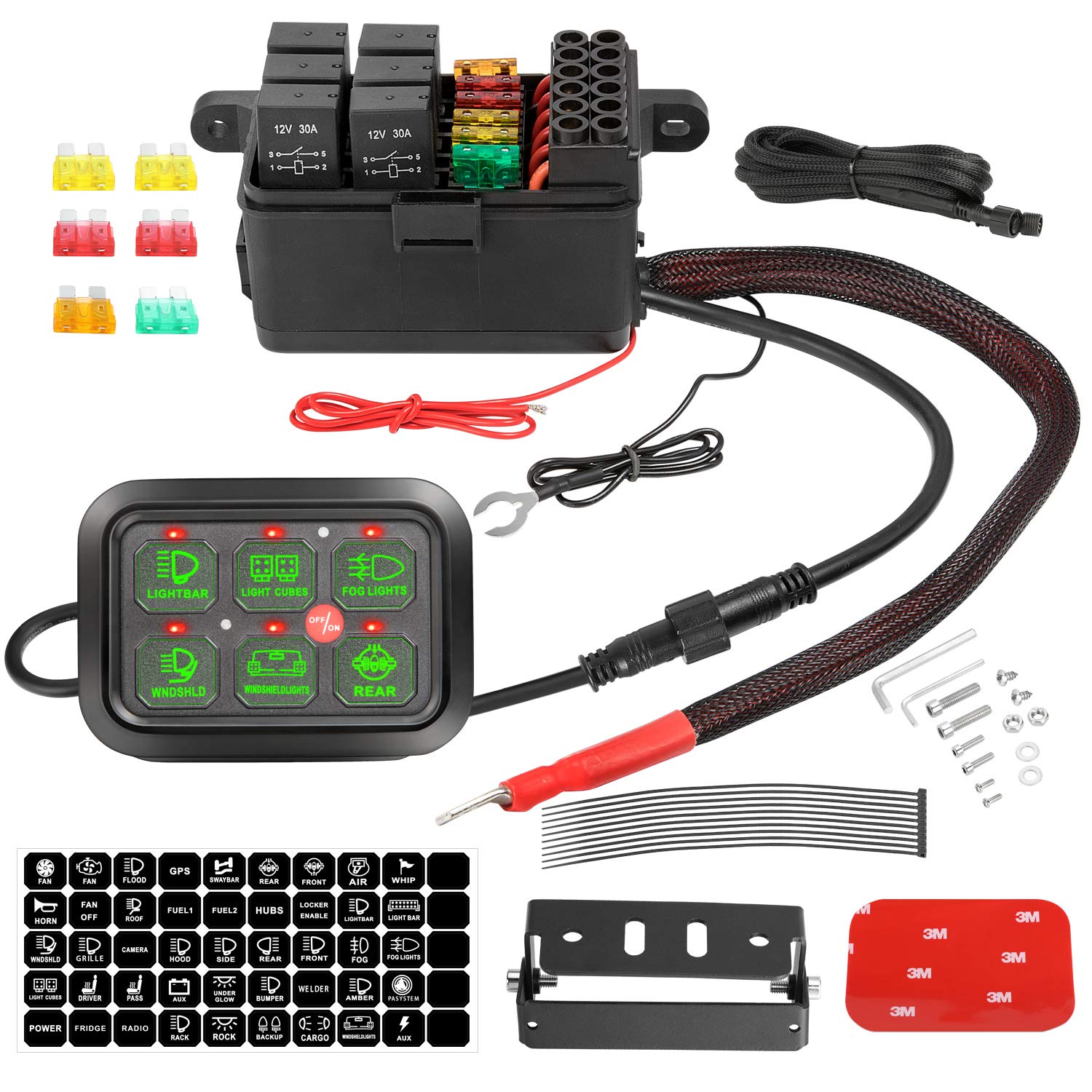6 Gang Switch Panel with Auto Power Plus - Universal Dimmable Touch Control Box with Relay System & Harness Label Sticker for Car, Marine, Boat, ATV, UTV, Truck - Perfect for Off-Road Adventures & Night Driving