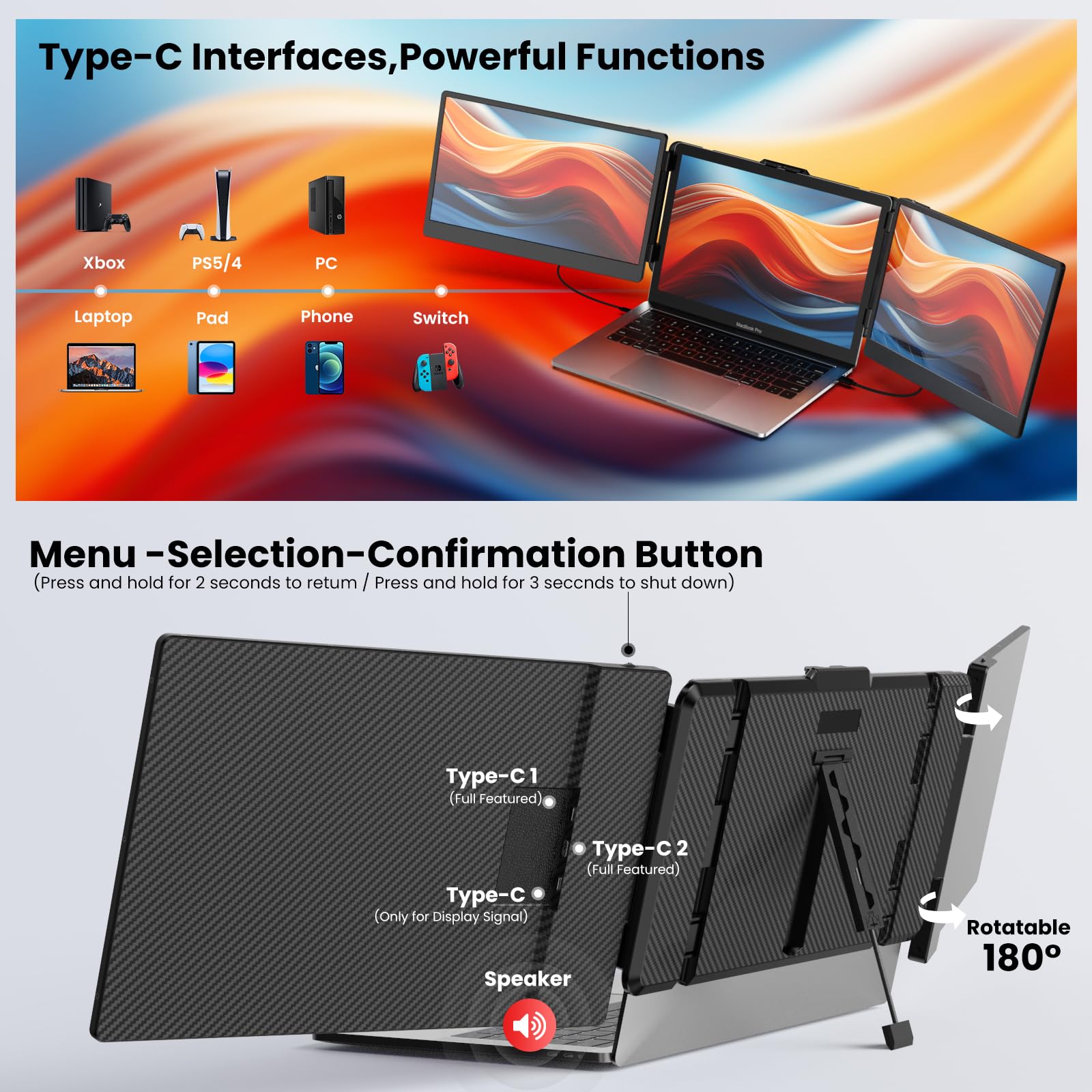 12'' Triple Screen Extender - Ultra Slim 1080P FHD IPS Portable Monitor with Stand for Laptop, Compatible with Mac Windows Linux Switch PS4/5 - Perfect for Gaming, Coding & Multitasking