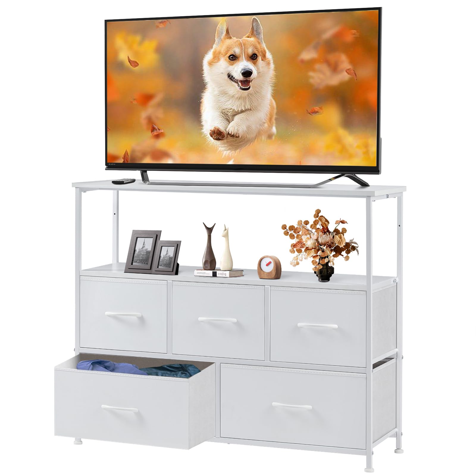 Sweetcrispy 5-Drawer Fabric Dresser TV Stand for 45 Inch TVs - White Storage Cabinet with Adjustable Feet & Open Shelves - Perfect for Bedroom, Living Room & Entertainment Center Organization