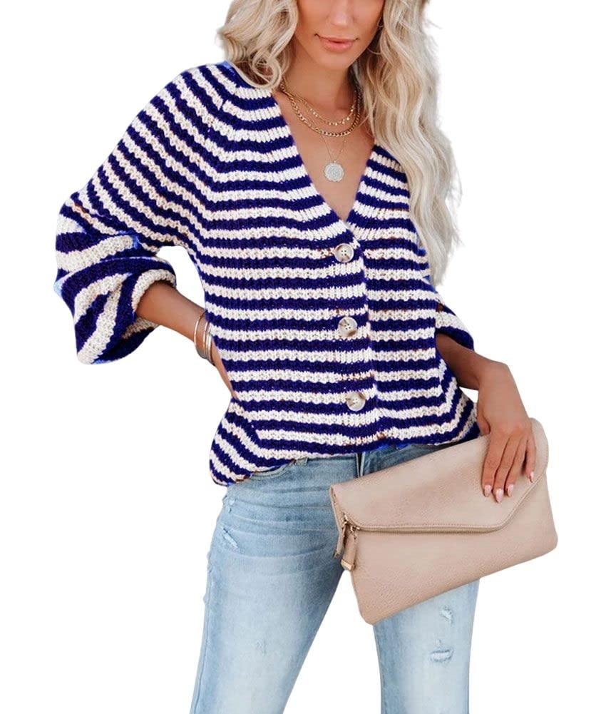 Women's Slouchy Loose-Fit Long Sleeve Striped Button Down Cardigan Sweater - Casual Fall & Winter Knitwear for Layering, Office Wear & Cozy Outfits