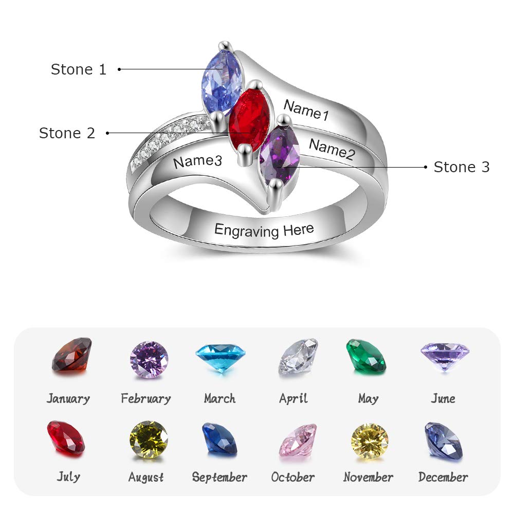 Custom Engraved Mother's Ring with 3 Simulated Birthstones - Personalized Family Promise Jewelry for Women - Name Engraved Gift for Mom, Wife, Daughter - Perfect for Mother's Day, Anniversary & Special Occasions