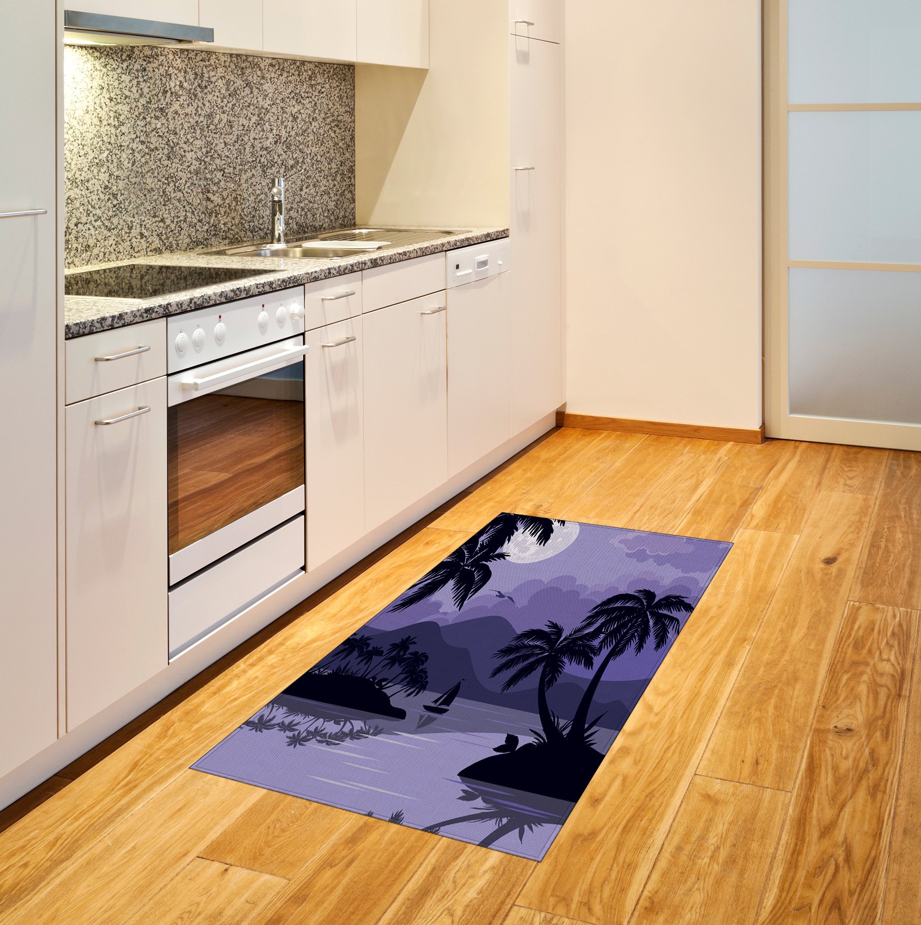 Ambesonne Tropical Area Rug - Caribbean Island Night Landscape with Full Moon, Sailboat & Palm Trees | Non-Slip Flat Woven Accent Rug for Living Room, Bedroom, Dining Room | 2'6