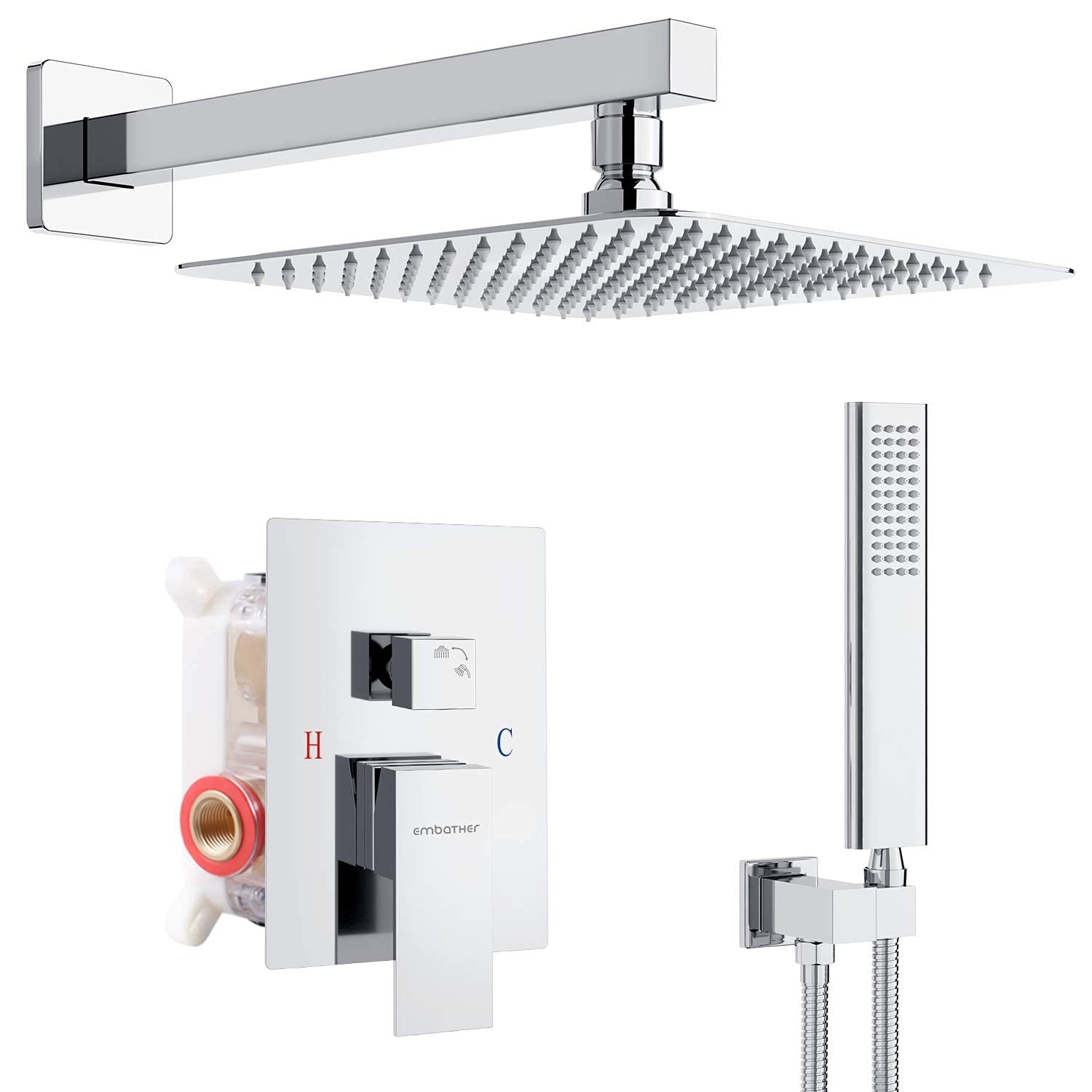 EMBATHER Chrome Shower System - 12 Inch Rain Shower Head with Adjustable Handheld Sprayer, Wall Mounted Square Shower Faucet Set (Includes Rough-in Valve & Trim) for Modern Bathroom Renovation - Perfect for Spa-Like Experience and Water Conservation