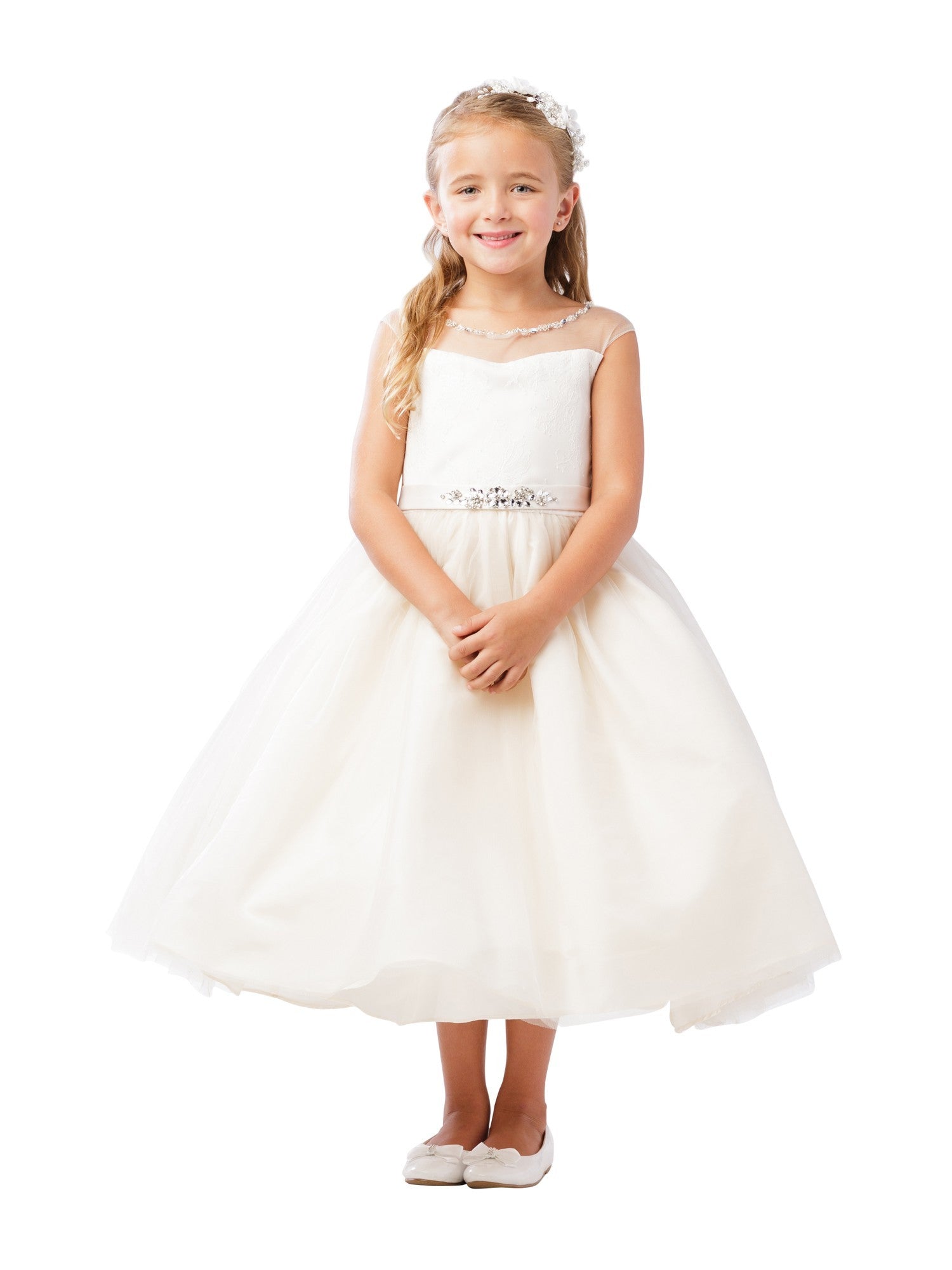 Ivory Illusion Neck Beaded Lace Belted Junior Bridesmaid Dress for Big Girls - Size 8-12 | Perfect for Weddings, Prom, and Formal Events