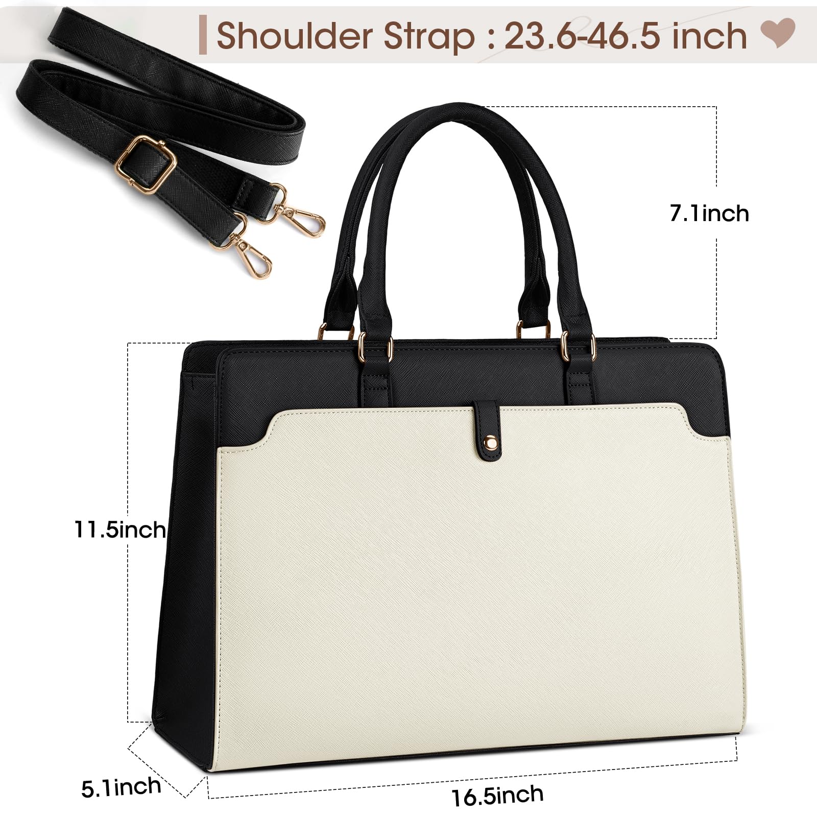15.6 Inch Laptop Tote Bag for Women - Waterproof Leather Briefcase with Large Capacity, Professional Business Office Travel Handbag, Shoulder Bag in Beige and Black for Work, Commute, and Daily Use