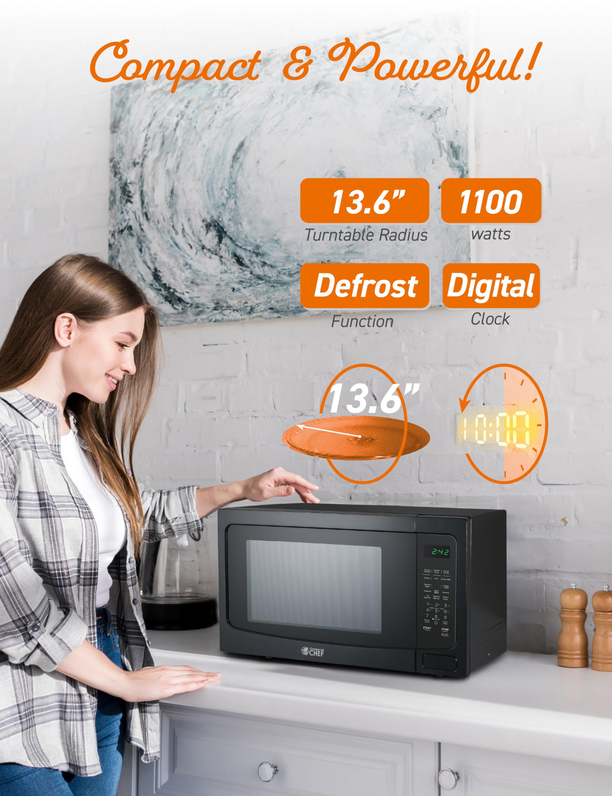Commercial Chef 1.6 Cu Ft Countertop Microwave Oven - 1100W with 10 Power Levels, Digital Controls & Child Safety Lock - Perfect for Small Kitchens, Dorms & Offices - Black