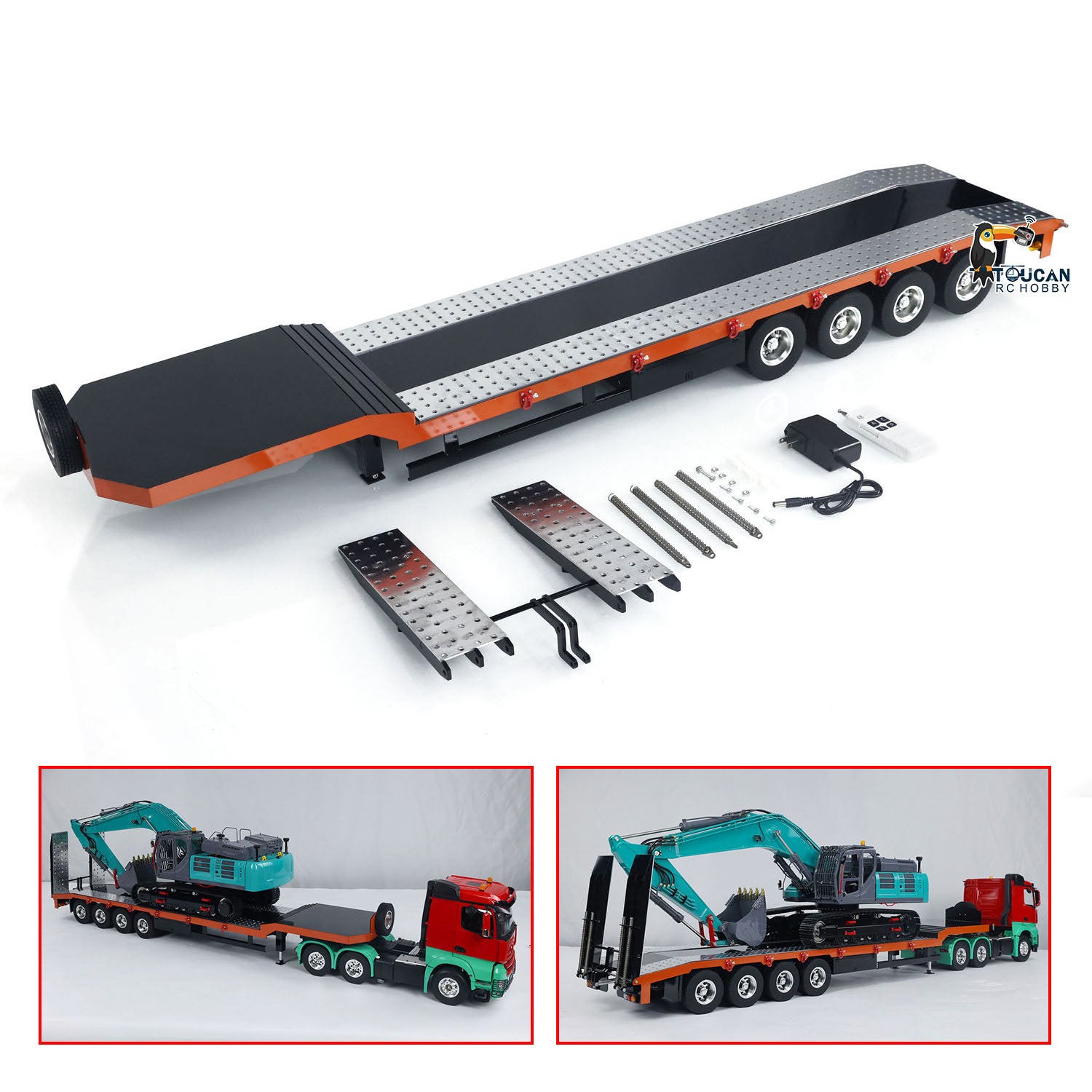 1:14 Scale 4 Axle Metal RC Trailer for Tractor Trucks - Electric Tailgate, Adjustable Legs, Pre-Painted & Assembled DIY Model - Perfect for RC Car Enthusiasts & Collectors