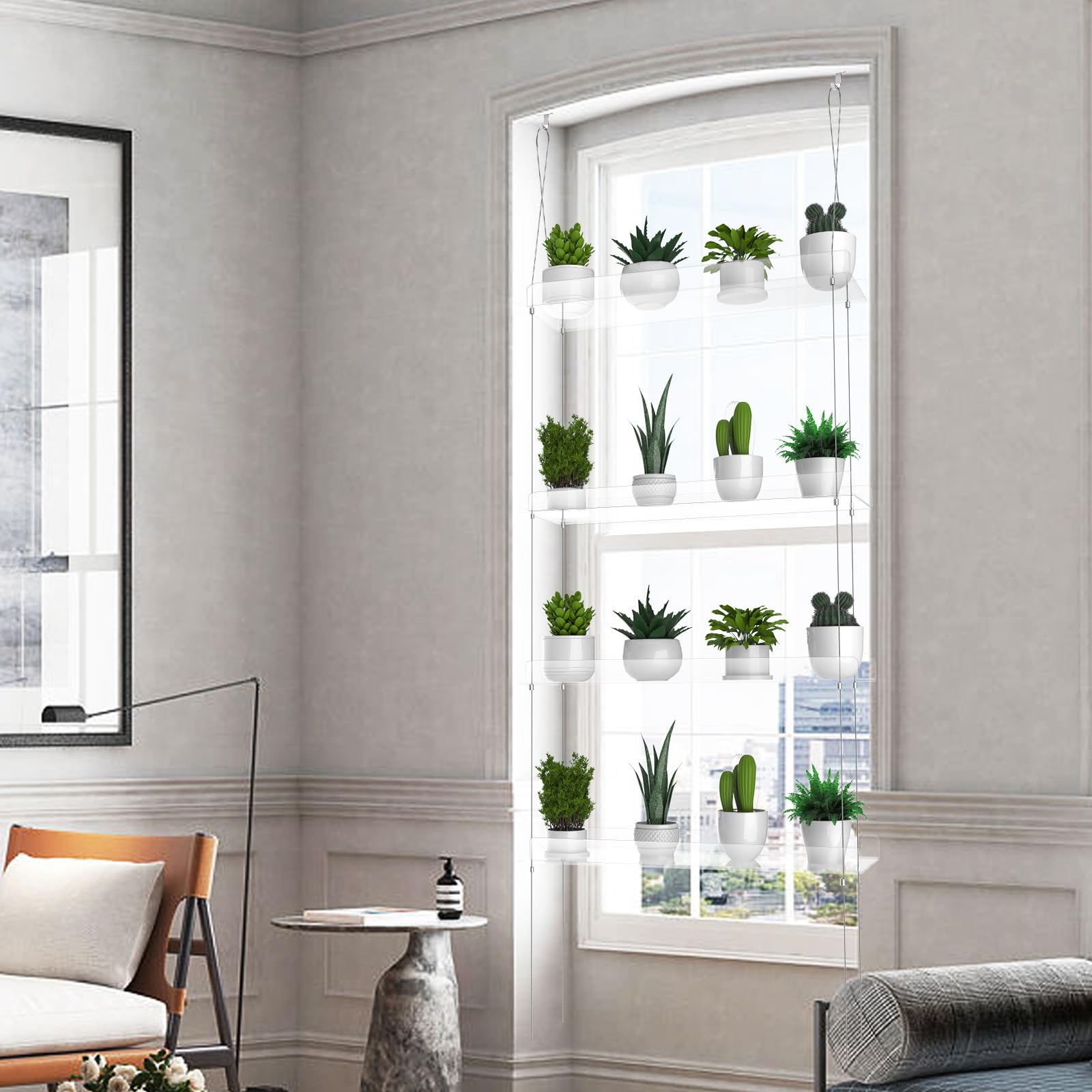 4-Tier Clear Acrylic Hanging Plant Shelf for Windows - 16 Inch per Tier - Perfect for Indoor Gardens, Succulents, Herbs & Flower Pots - Ideal for Kitchen, Living Room & Balcony Plant Display