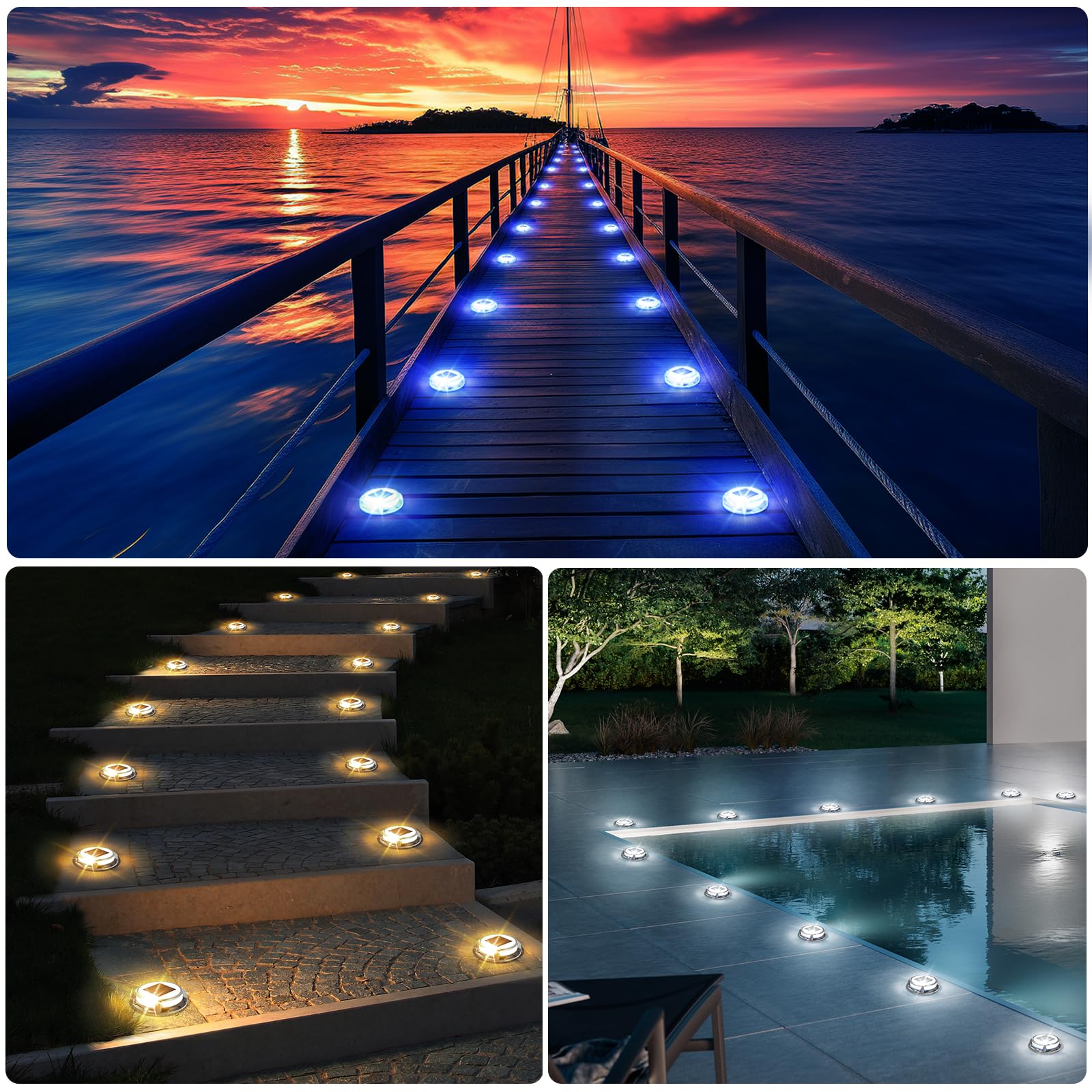 Quntis 12 Pack Solar Deck Lights Outdoor - IP68 Waterproof, 3 Color Modes (Blue/Cool White/Warm White) Solar Driveway Lights for Stairs, Pathway, Pool, Walkway, Garden & Landscape Lighting