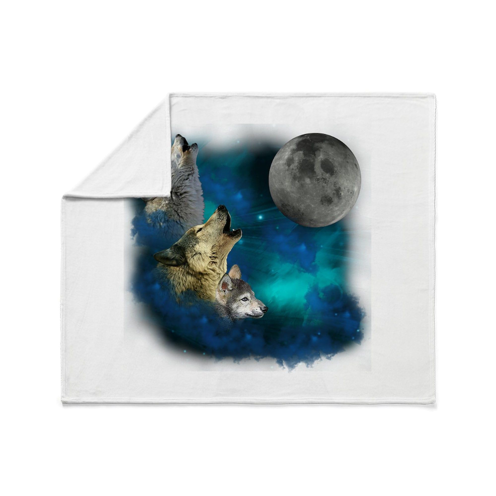 Northern Lights Wolf Family Moon Fleece Blanket - Super Soft Plush Throw Blanket 60