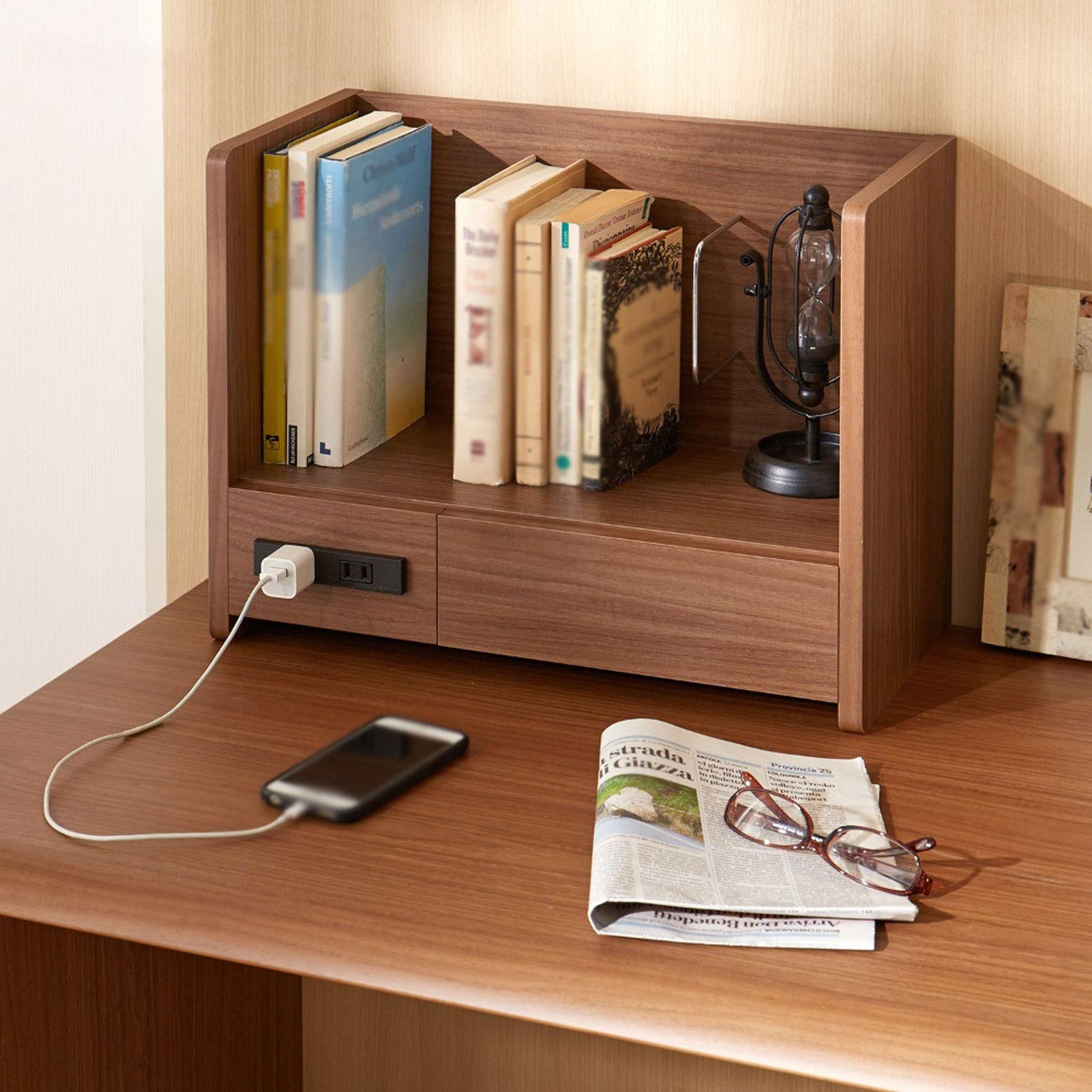 Multifunctional Rechargeable Bookshelf with USB Charger - Desktop Bookcase Storage Rack for Office & Home (Beige/Reddish Brown) - Perfect for Organizing Books, Decor & Charging Devices