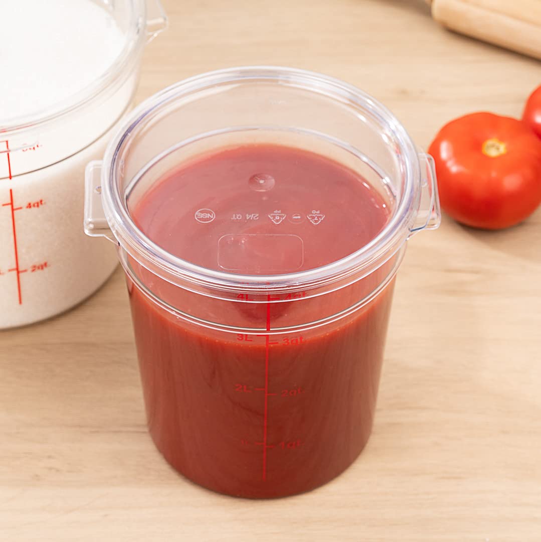 Restaurantware Met Lux 4 Quart (3.8L) Clear Plastic Food Storage Containers - 10-Pack Round Commercial Food Prep Buckets with Volume Markers (Lids Sold Separately) - Ideal for Restaurant Kitchen, Catering, Meal Prep & Bulk Food Storage