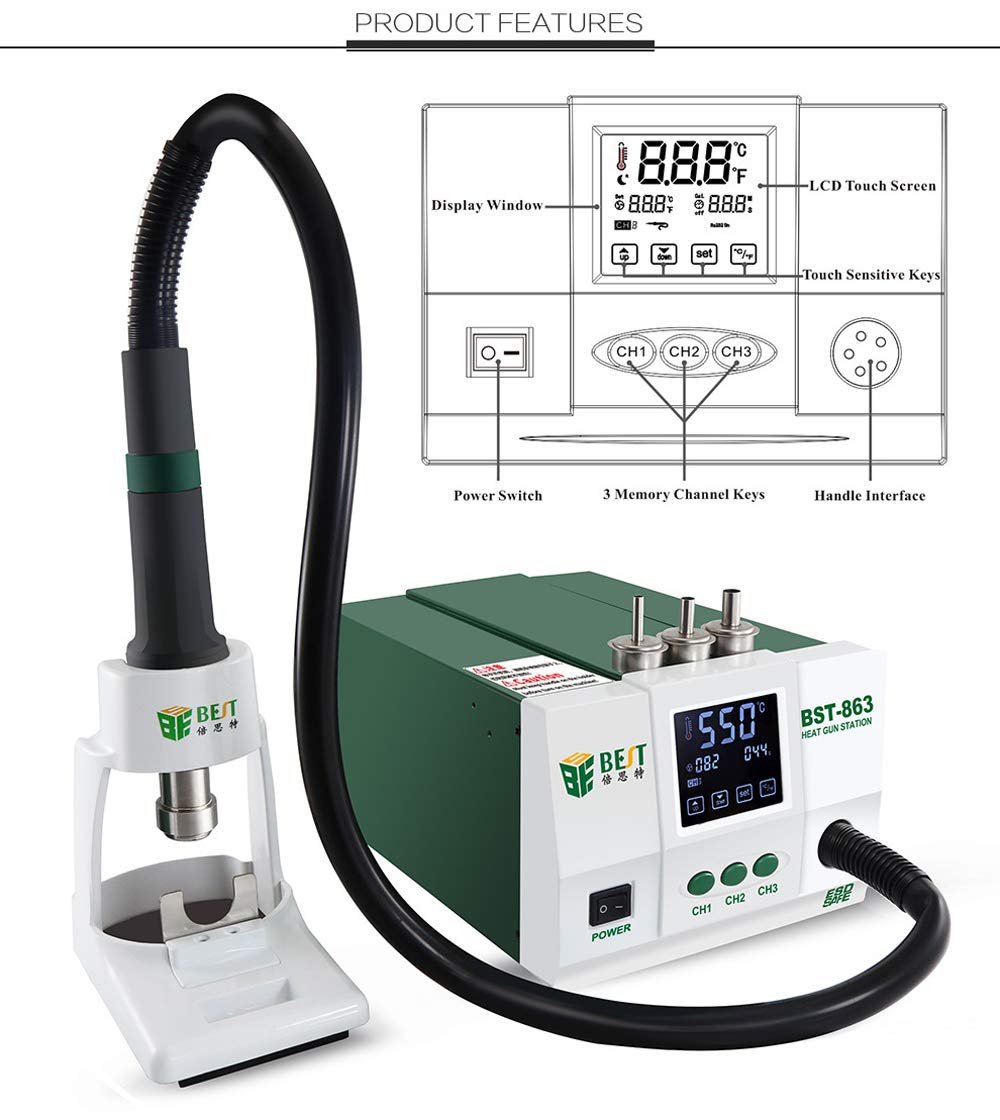 BST-863 Professional Desoldering Station with Smart Touch Screen & LCD Display - 1200W 110V Lead-Free Soldering Tool for Electronics Repair - Ideal for PCB Maintenance, DIY Projects, and Industrial Use - GOLDEN BLUE