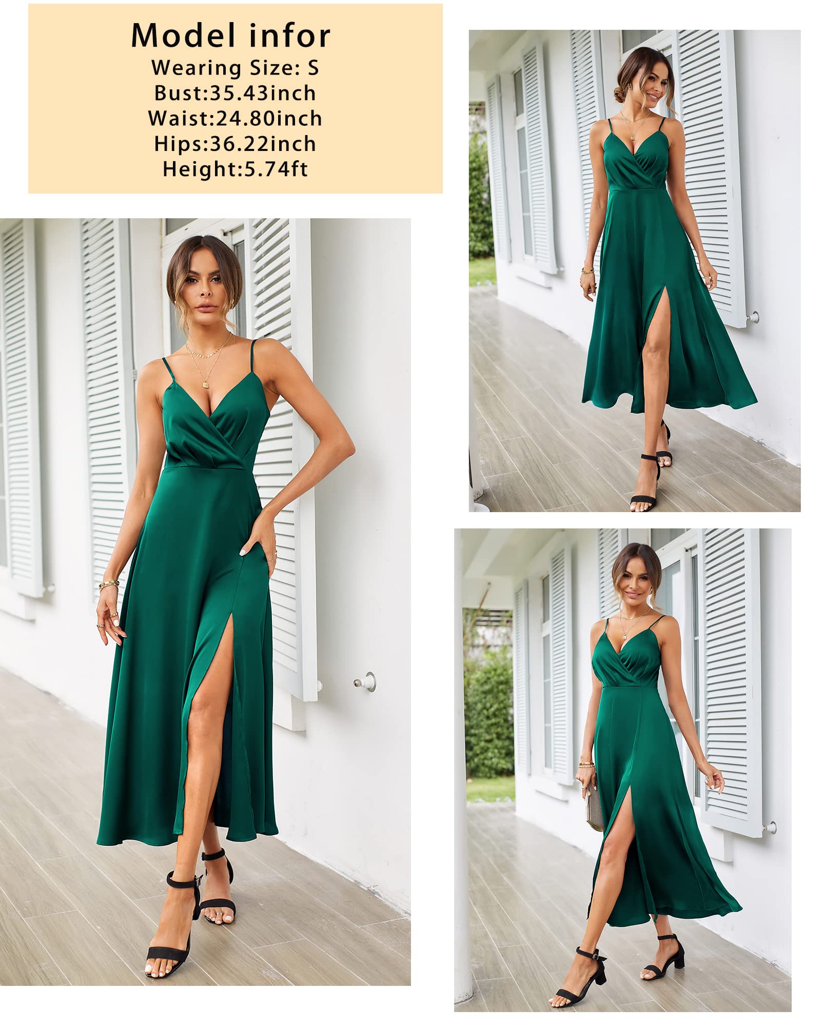 Newshows Women's 2024 Summer V-Neck Satin Cocktail Dress - Spaghetti Strap Sleeveless Long Slit Maxi Dress for Wedding Guest, Party, Evening & Special Occasions