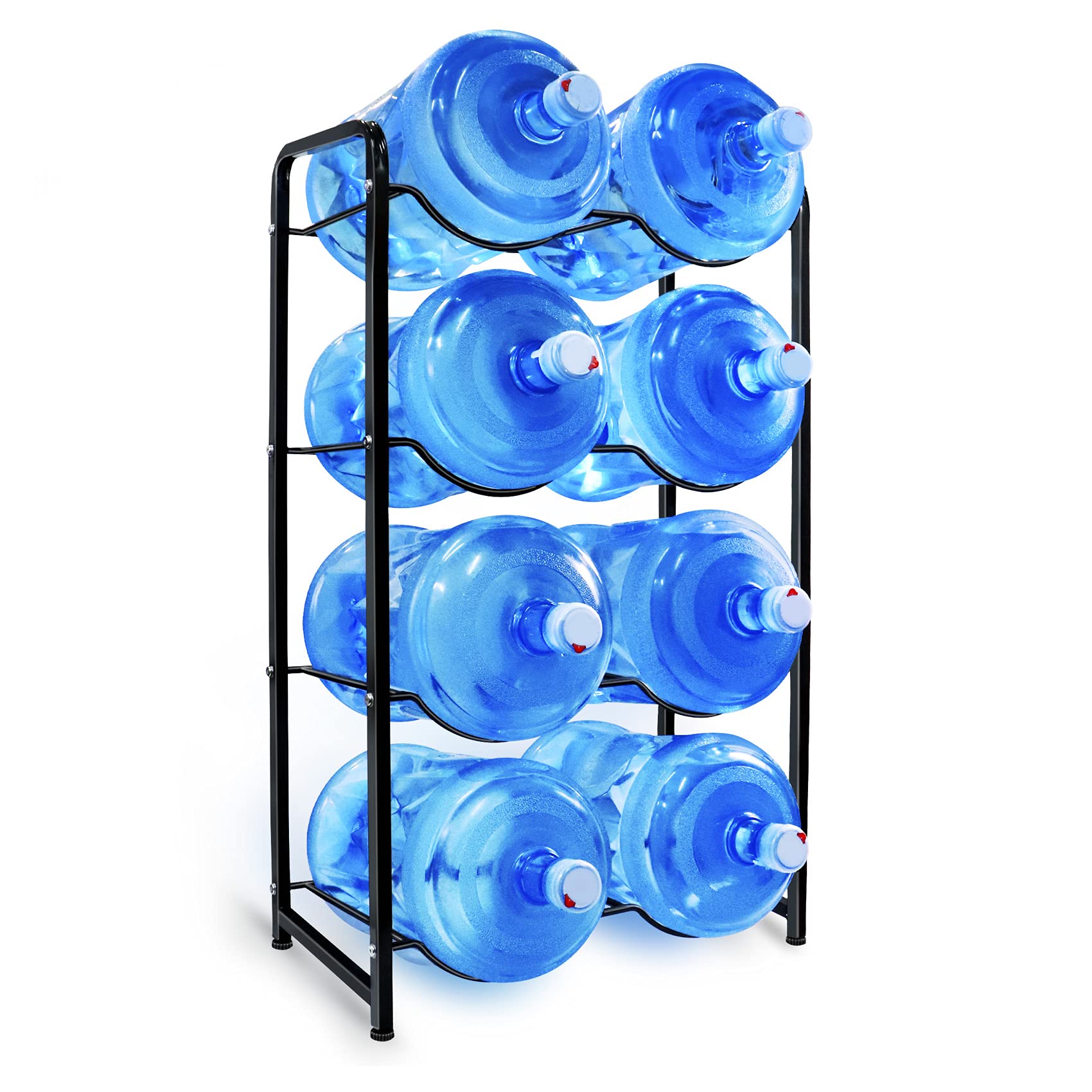 5 Gallon Water Bottle Holder (Black) - Heavy Duty 4-Tier Carbon Steel Storage Rack for 8 Bottles with 4 Trays - Space Saving Water Jug Organizer for Office, Kitchen, Home, and Commercial Use - Protects Floors and Maximizes Storage Efficiency