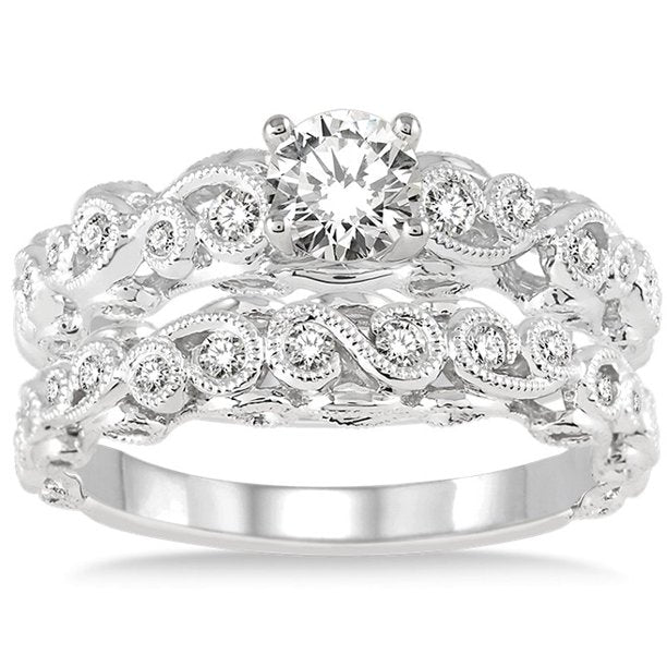 1.00 Carat Infinity Antique Bridal Set - Round Cut Diamond Moissanite Engagement Ring in 10K White Gold - Perfect for Wedding, Proposal & Anniversary Gifts