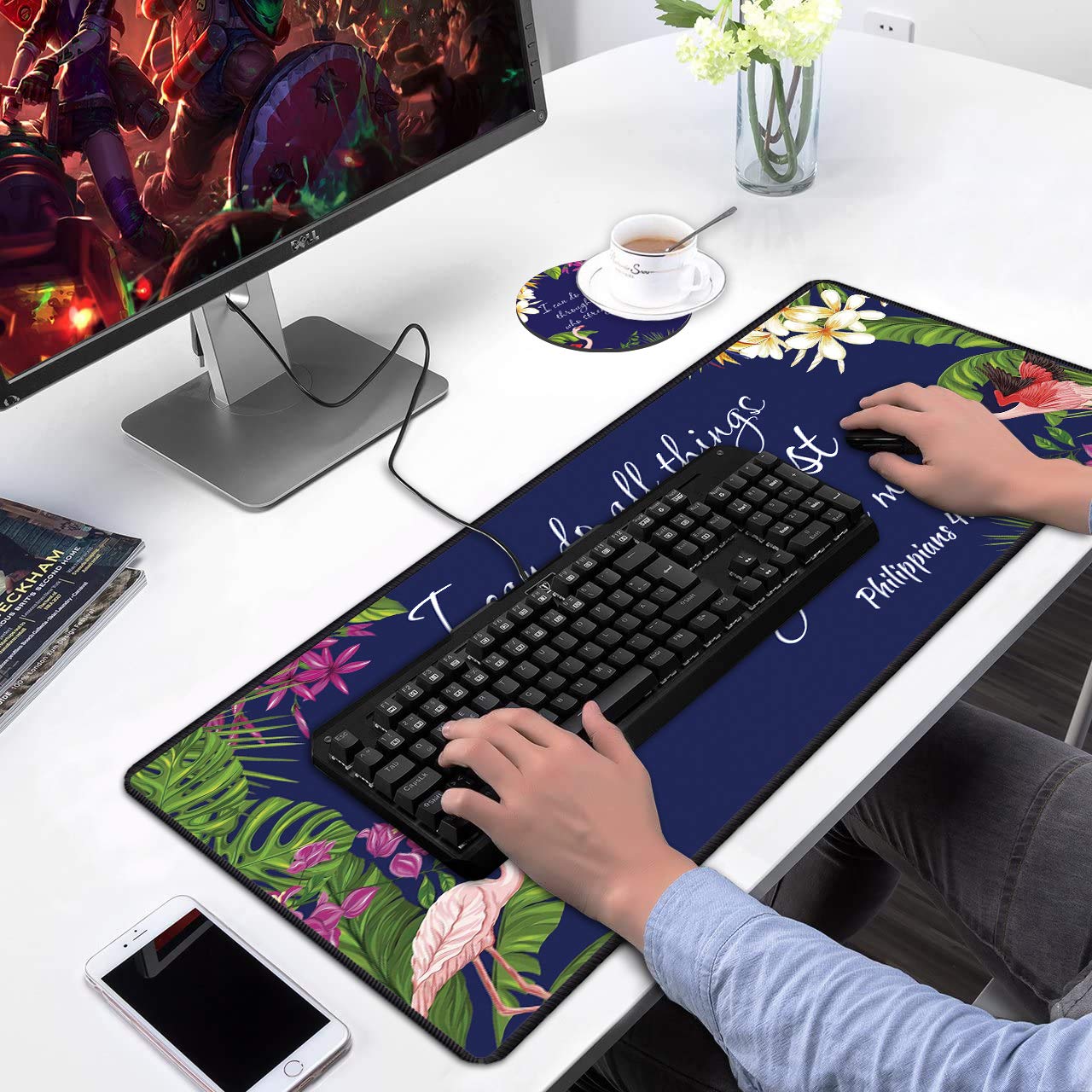 XXL Non-Slip Gaming Mouse Pad with Coasters - Large Desk Mat with Stitched Edges for PC, Laptop & Office Work - Christian Bible Verse Phil 4:13 Inspirational Design - Perfect for Home Office, Gaming Setup & Workstation Accessories