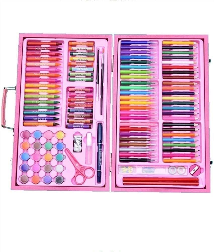 Professional 150-Piece Art Set with Oil Pastels, Crayons, Colored Pencils, Paint Brushes & Watercolor Cakes - Perfect for Artists, Students & Hobbyists - Great for Sketching, Painting & DIY Crafts (Pink)