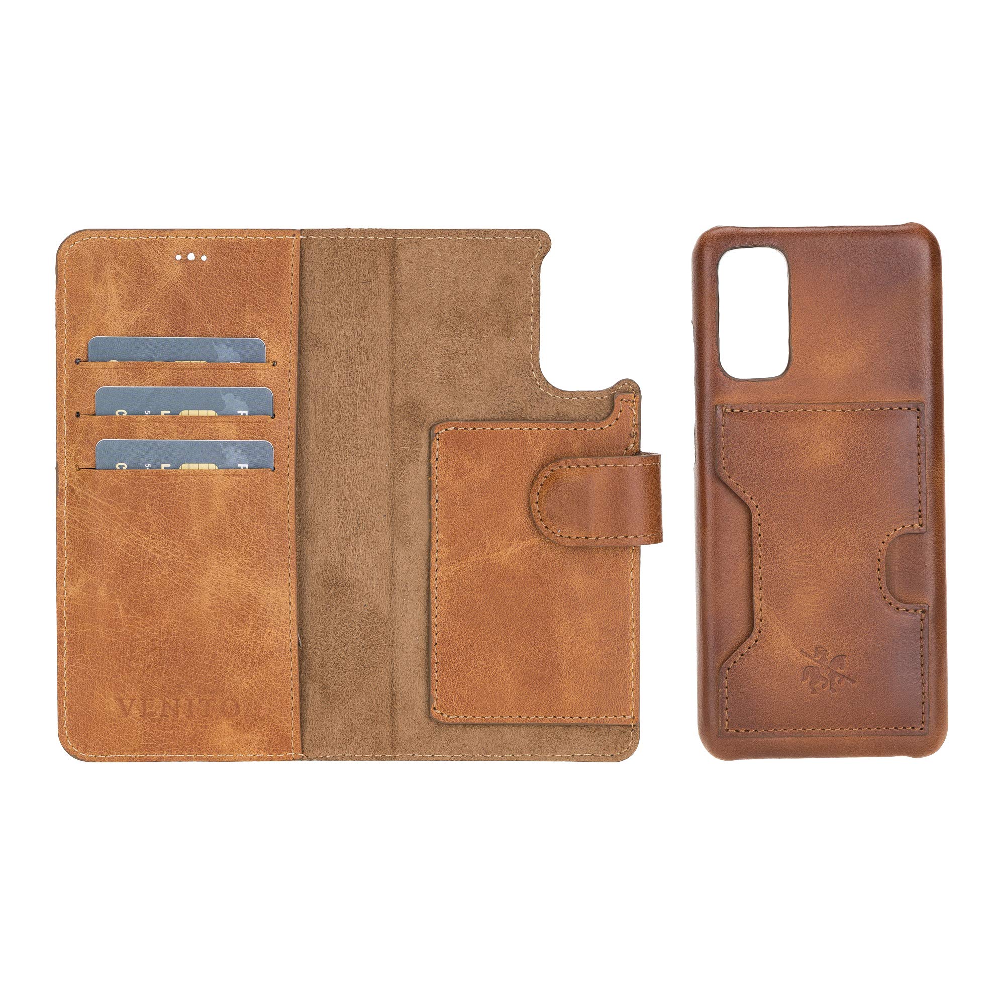 Venito Florence Genuine Leather Wallet Phone Case for Samsung Galaxy S20 - RFID Blocking for Security - Detachable Phone Wallet - Antique Brown - Perfect for Business & Travel Use