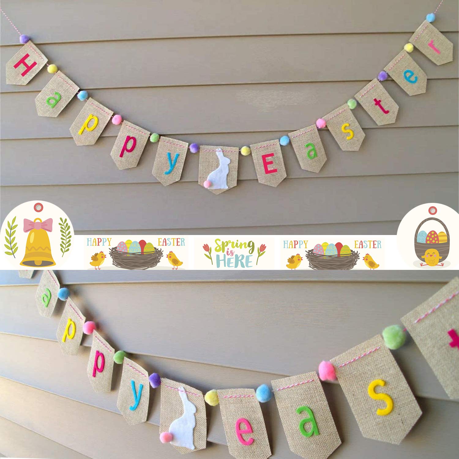 Happy Easter Burlap Banner Decorations - Spring Farmhouse Garland Bunting for Mantle, Rabbit Themed Party Decor - Perfect for Easter Home Decor, Kids Room & Holiday Gift Giving