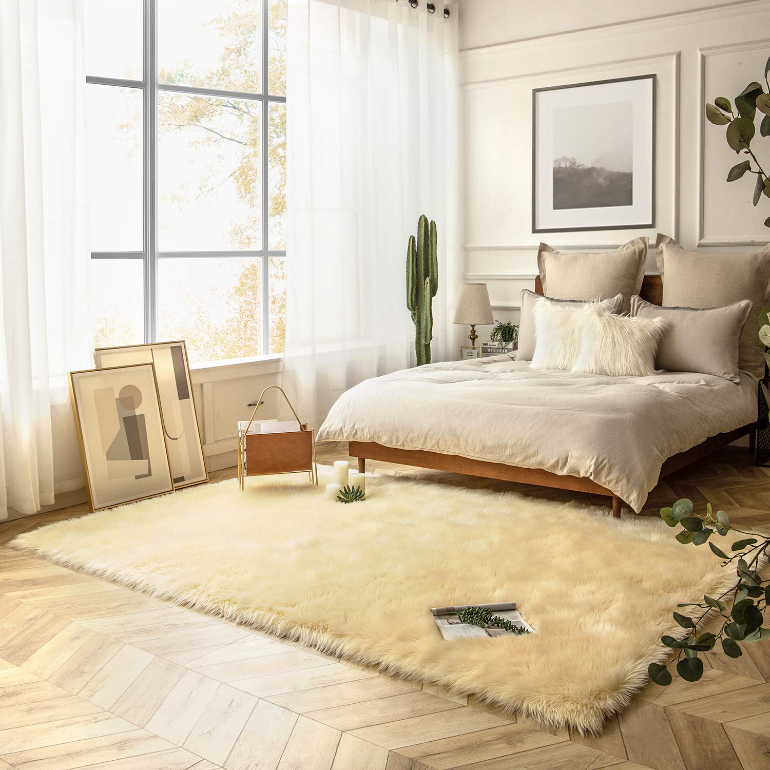 Ashler Home Deco Faux Fur Area Rug 5x7 Feet - Soft Shaggy Machine Washable Rectangle Rug in Sunny Yellow | Rabbit Theme Indoor Carpet | Fire Resistant & Pet-Friendly | Perfect for Living Room, Bedroom or Nursery Decor