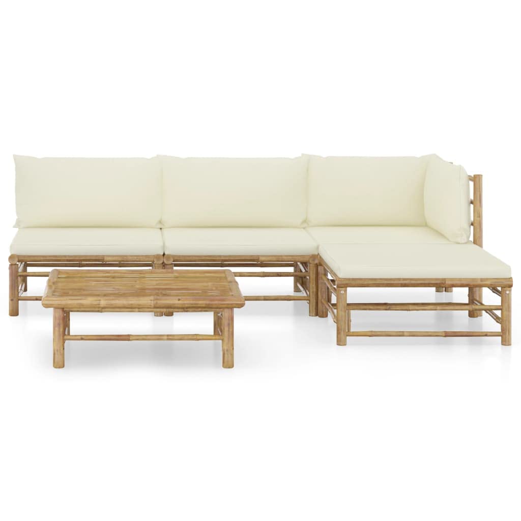 vidaXL 5-Piece Bamboo Patio Lounge Set with Cream White Cushions - Lightweight Outdoor Furniture for Garden, Poolside & Backyard - Comfortable, Weather-Resistant & Easy to Clean
